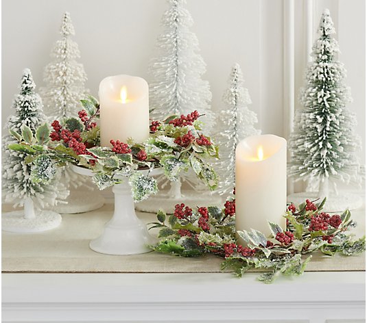 Package of 6 Holiday Sparkling Artificial Cedar and Pip Berry candle ring 