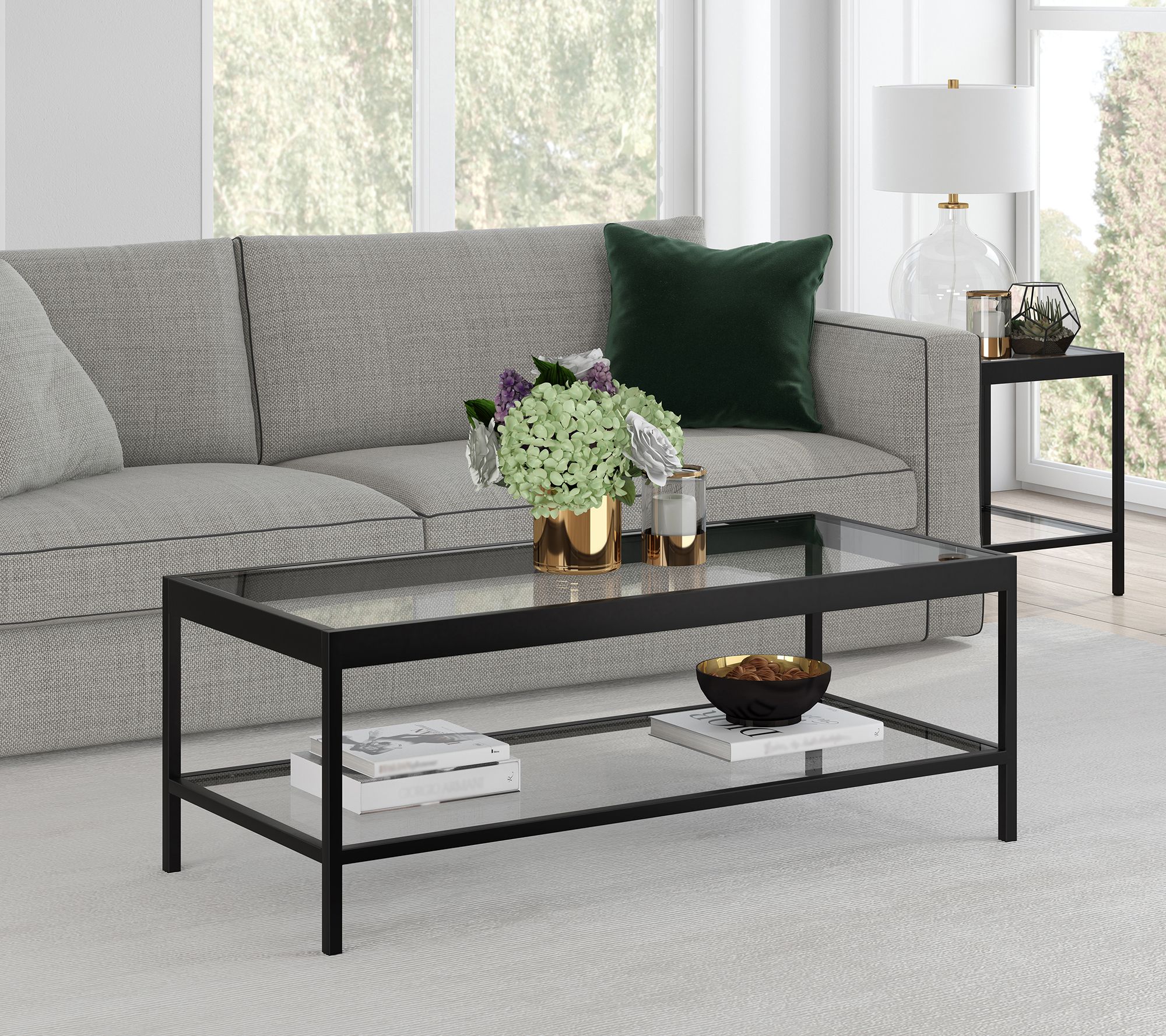 Hudson&Canal 45" Steel Frame Coffee Table w/ Glass Top & Shel