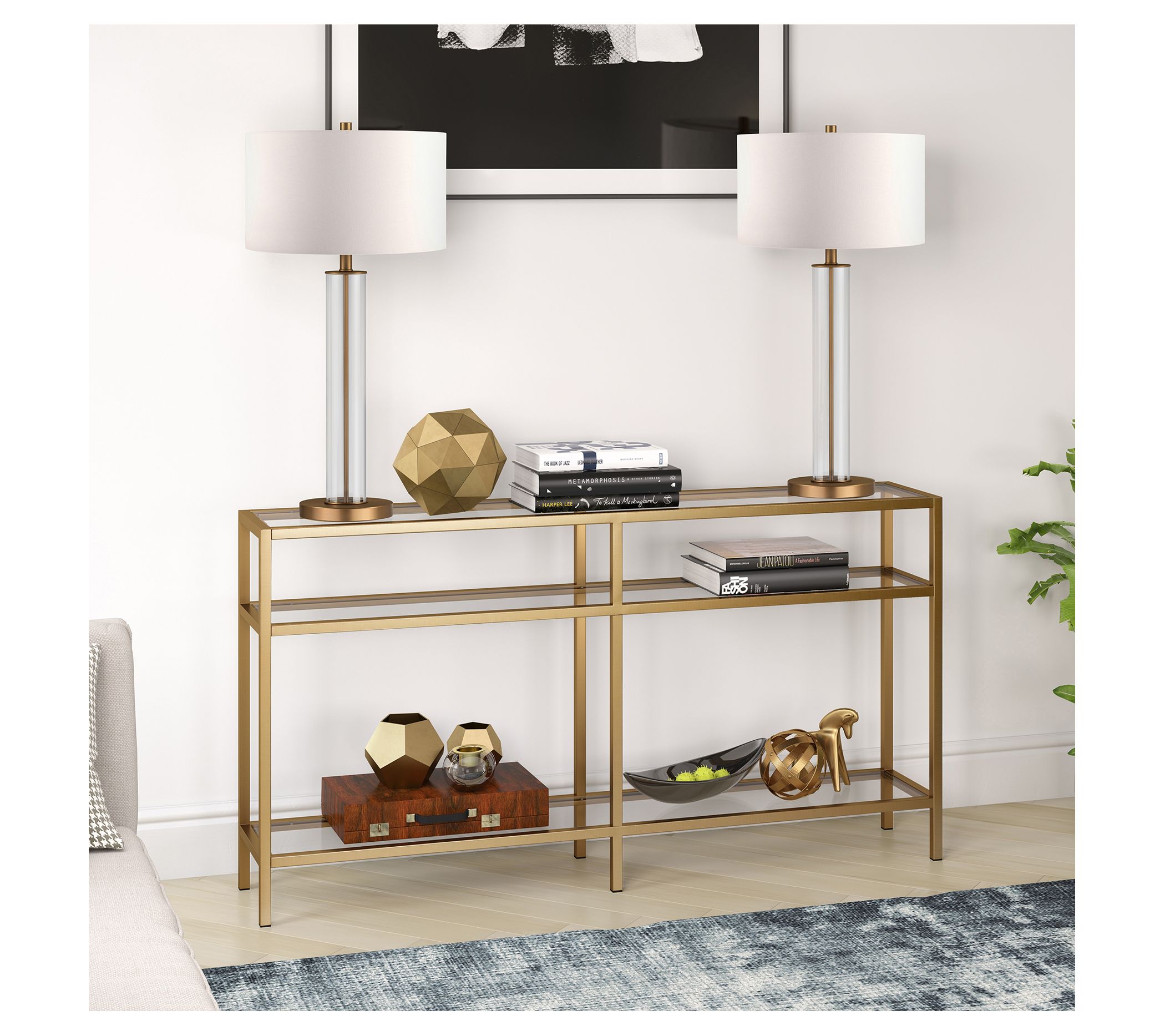 Hudson &Canal Sivil 55" Console Table With Lower Glass Shelves