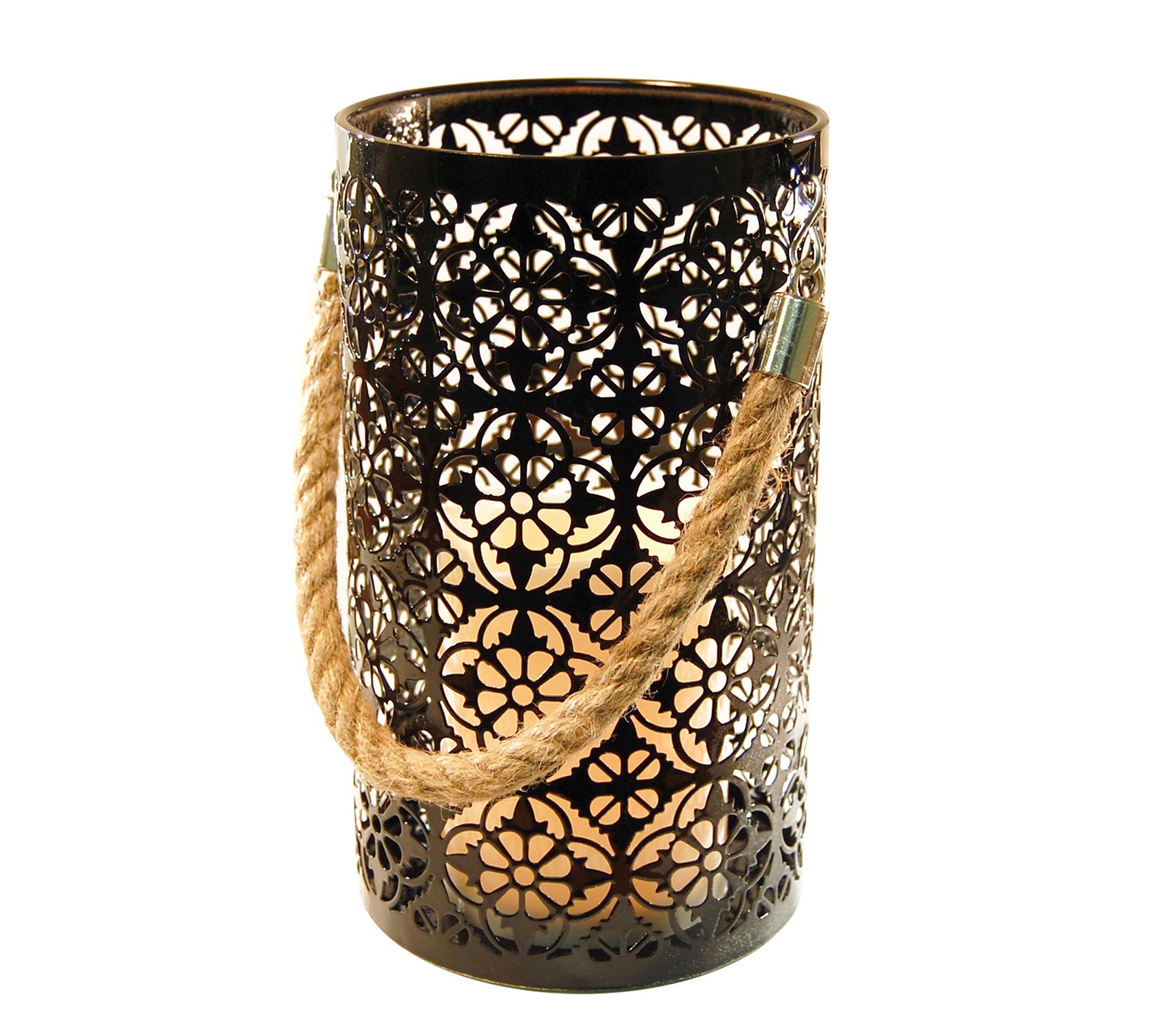 LumaBase Jacquard Metal Lantern with LED Flameless Candle
