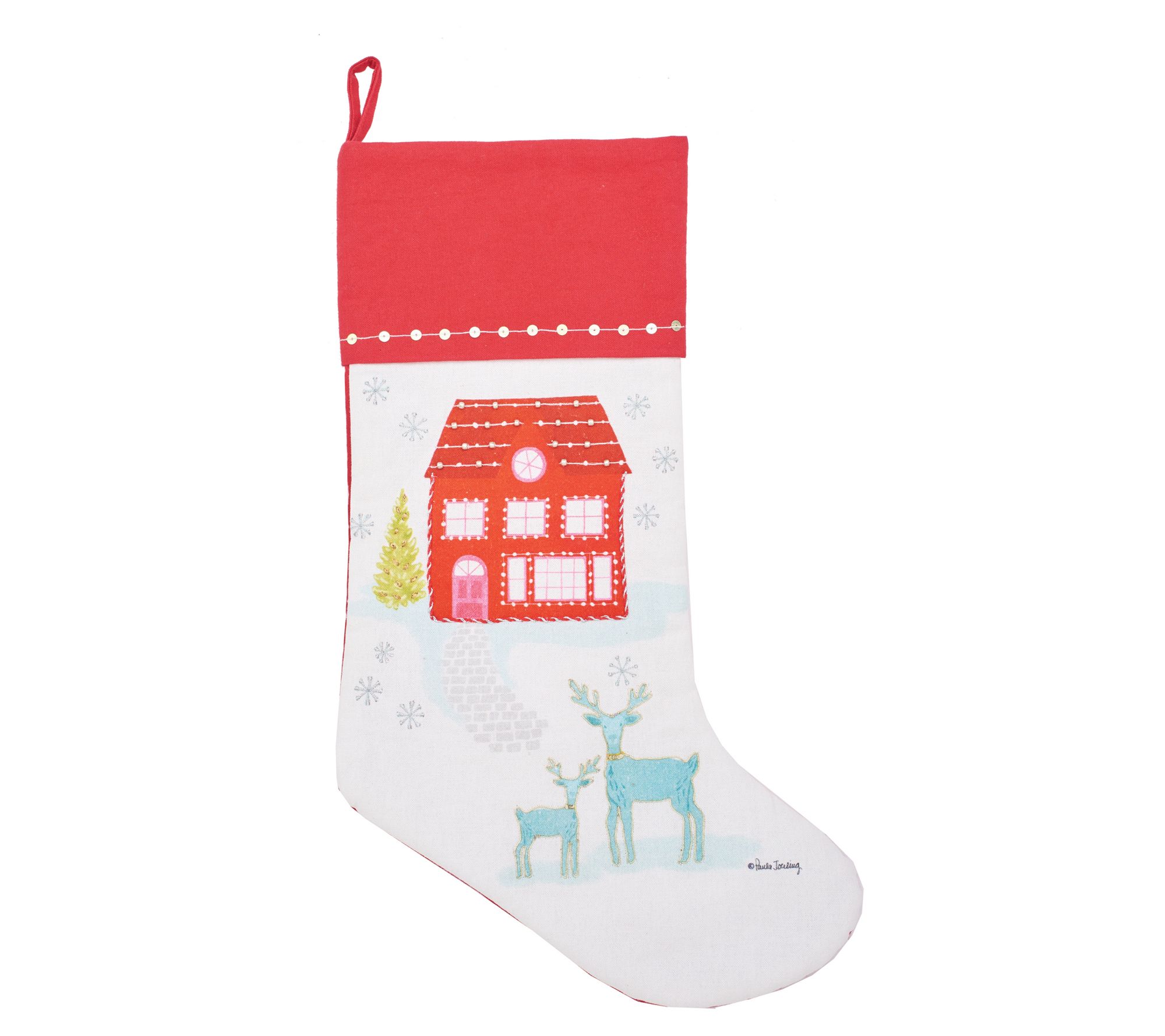 C&F Home Red House & Deer Printed & Embellished Stocking