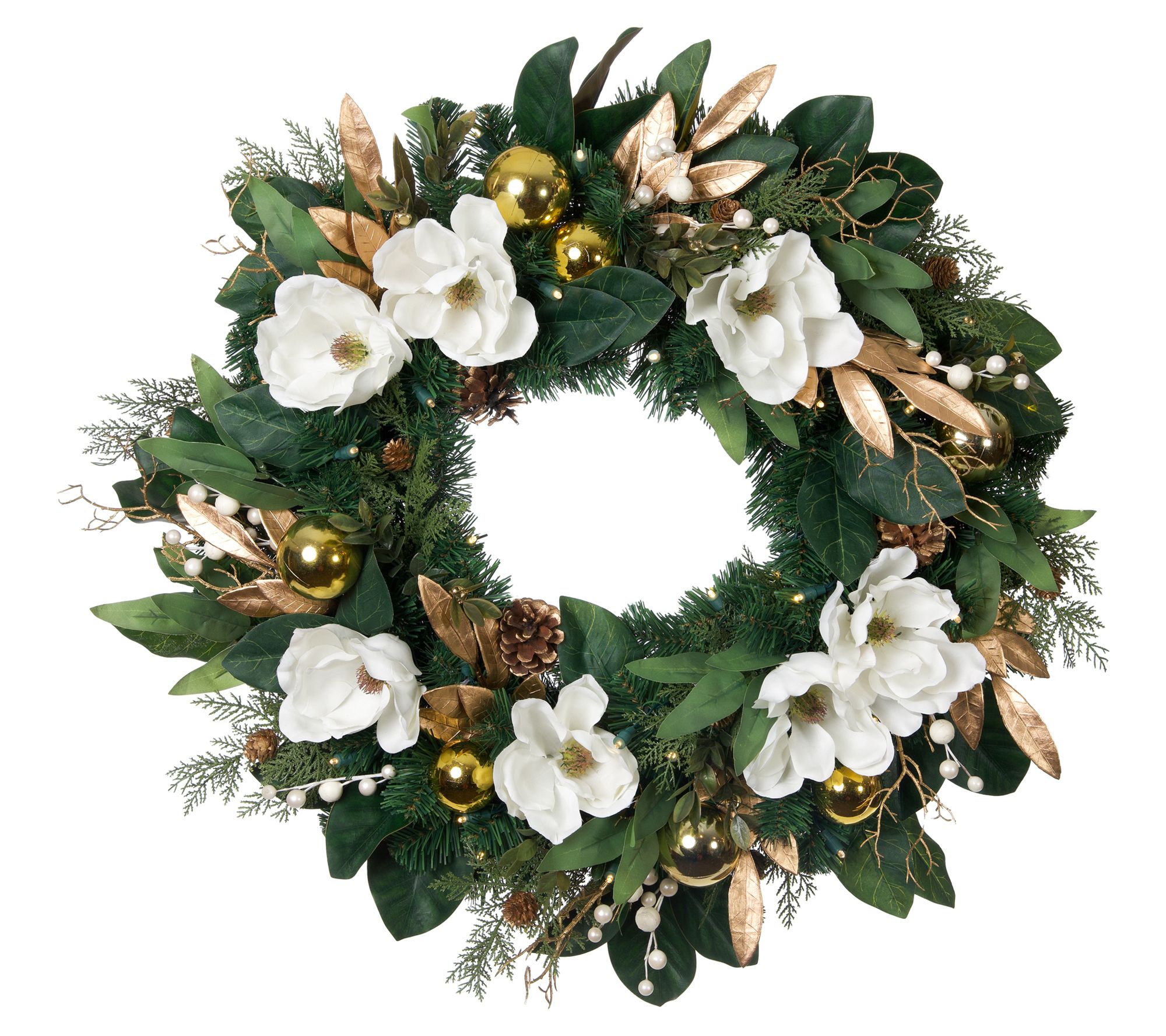 Village Lighting 30" Pre-Lit LED Wreath - White  Gold Magnolia