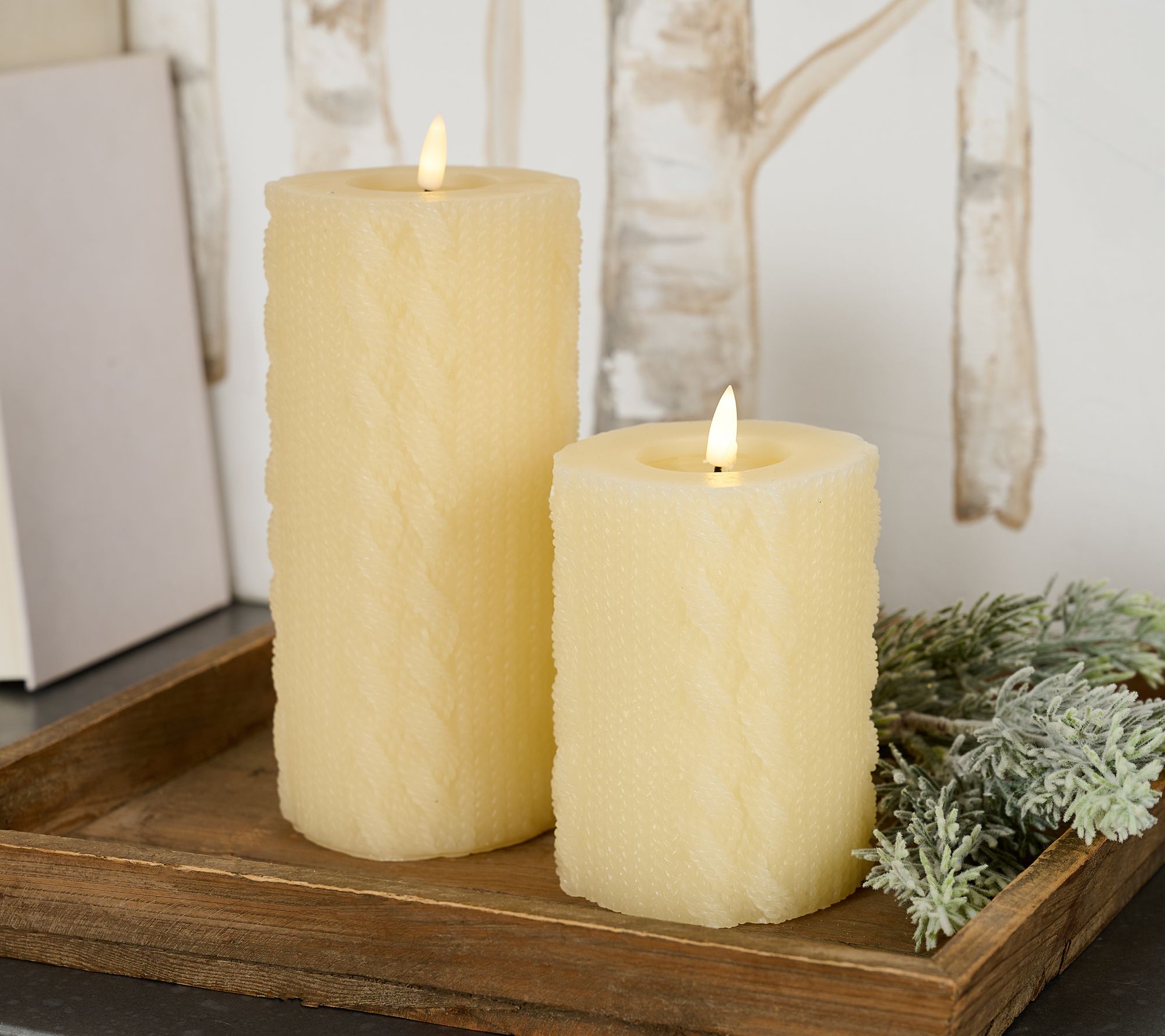 Lightscapes Set of (2) 5" and 8" Cable Knit Flameless Pillar Candles