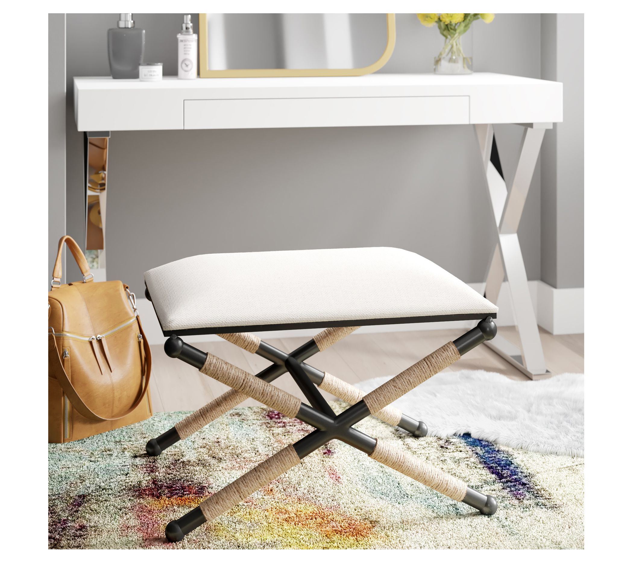 Linon Home Codele Campain Upholstered Accent Stool w/Rope Base