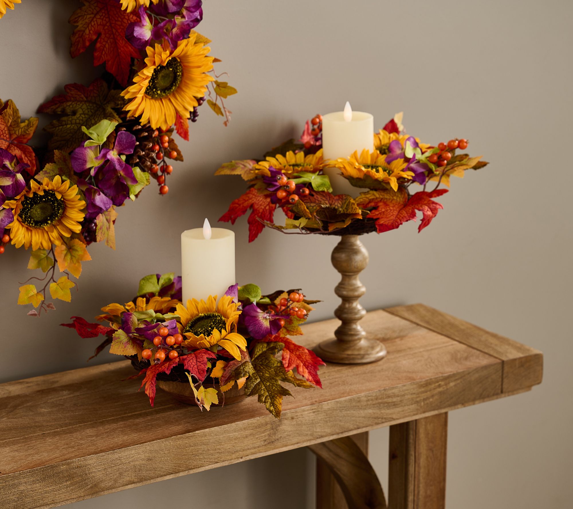 "As Is" S/2 Sunflower, Berry and Hydrangea Candle Rings