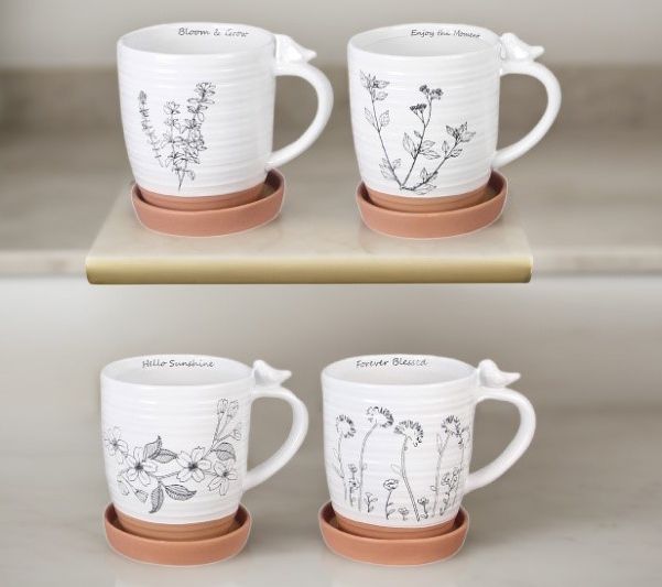 Young's Stoneware Planter Mug w/Coaster BottomTray, Set of 4