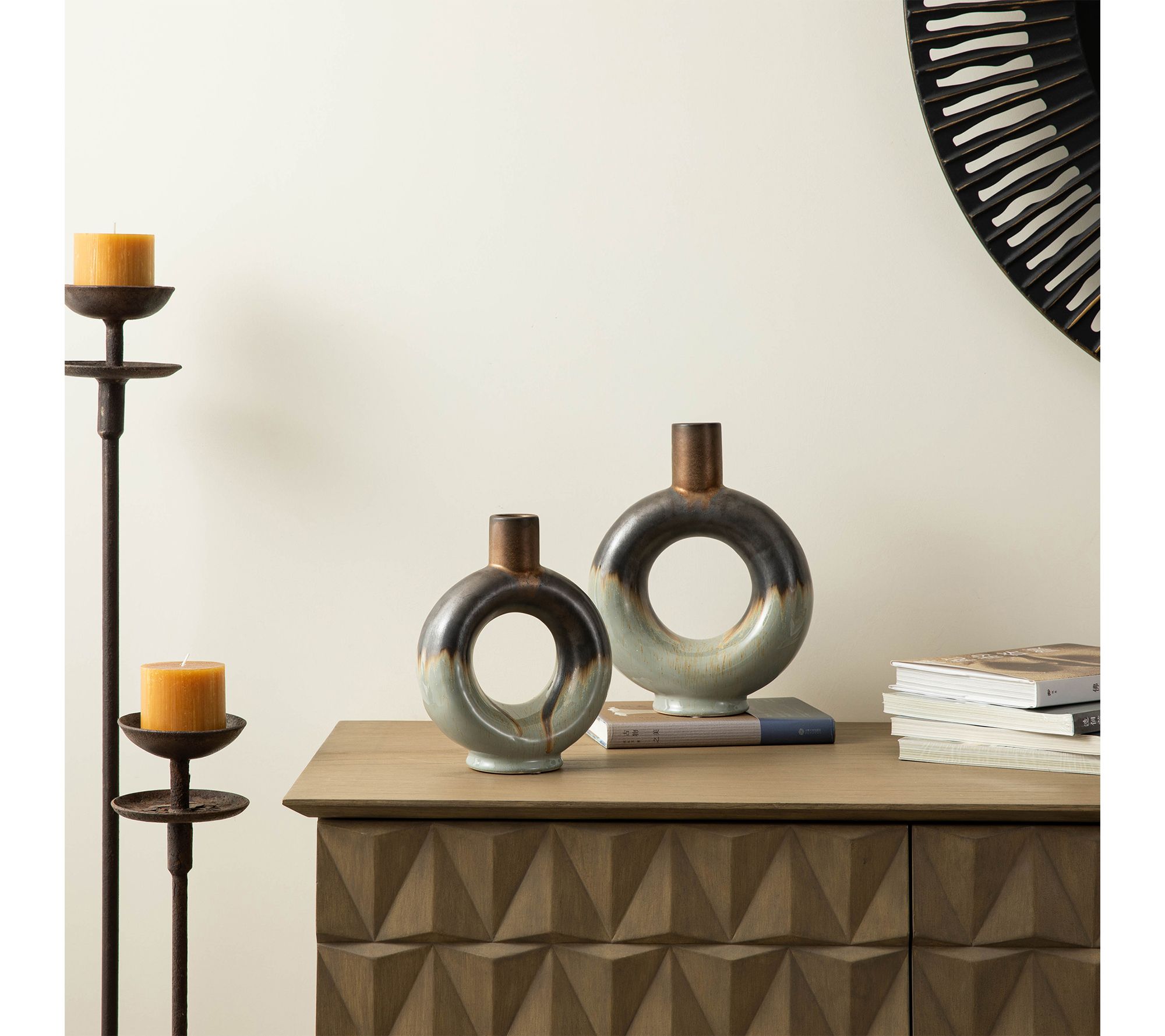 Glitzhome Modern Two-Toned Open Circle CeramicTable Vases S/2