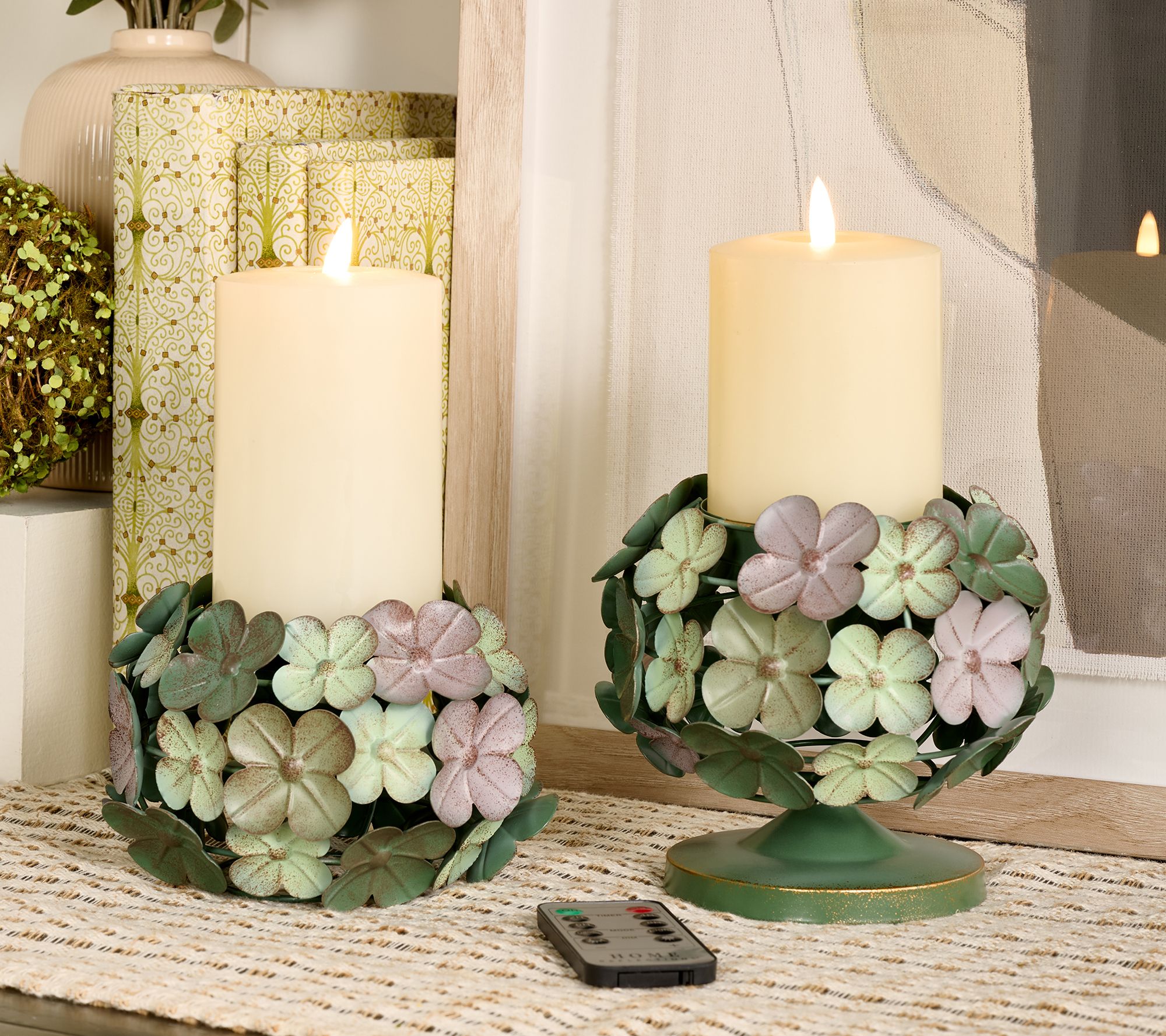 Home Reflections S/2 Metal Hydrangea Pedestals with Flamless Pillar