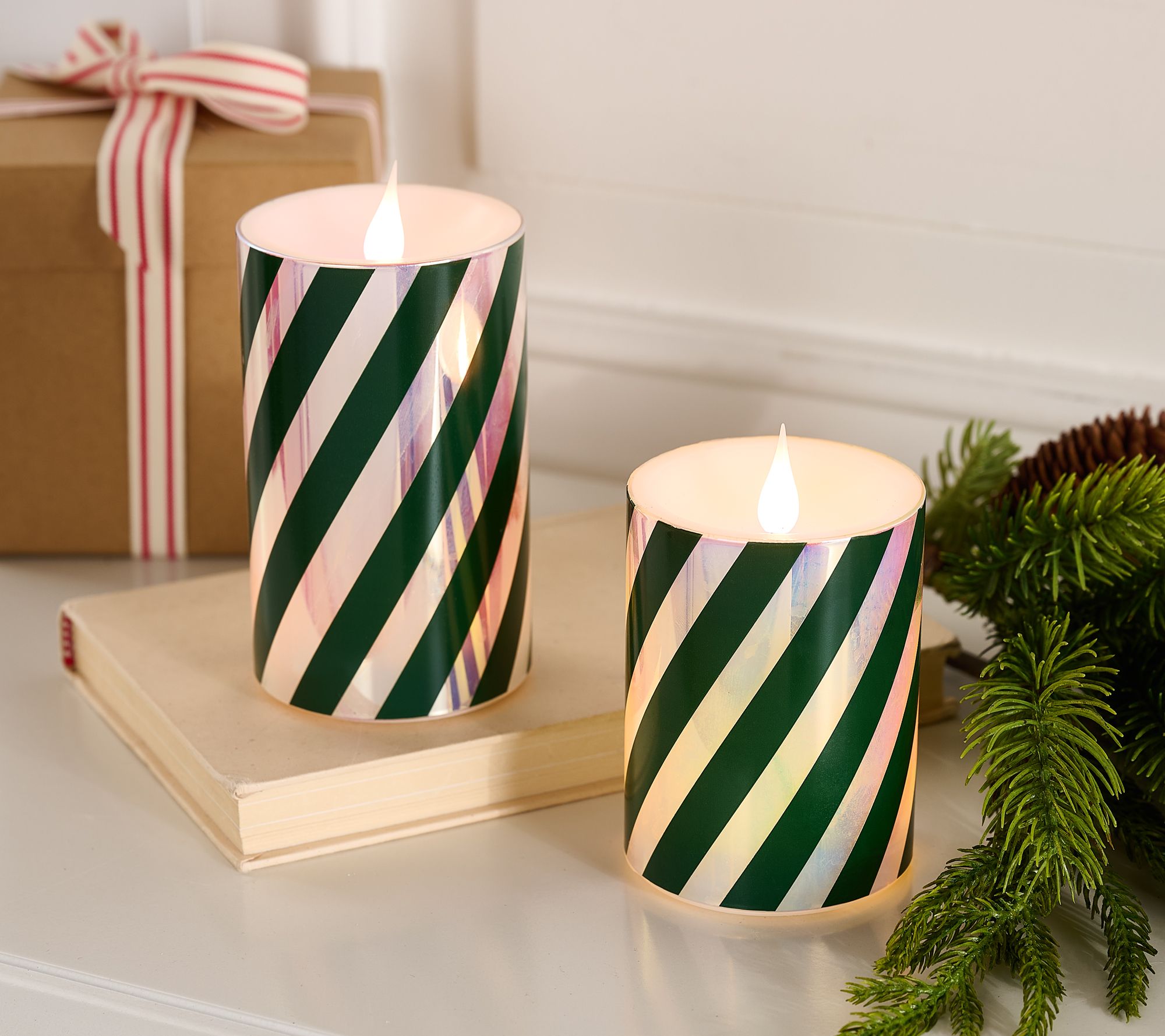 "As Is" Lightscapes S/2 Flameless Candy Cane Pillar Candles
