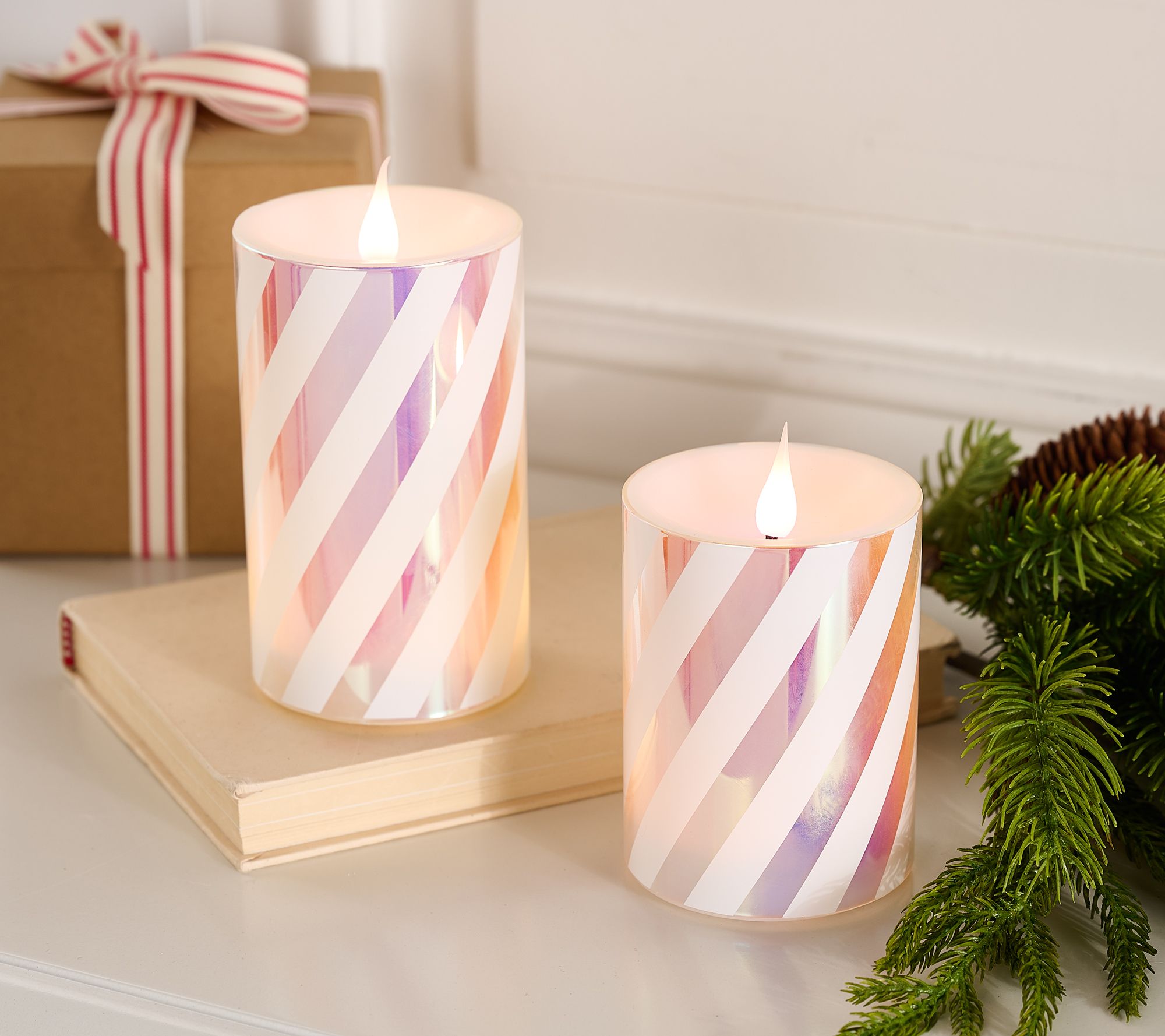 "As Is" Lightscapes S/2 Flameless Candy Cane Pillar Candles