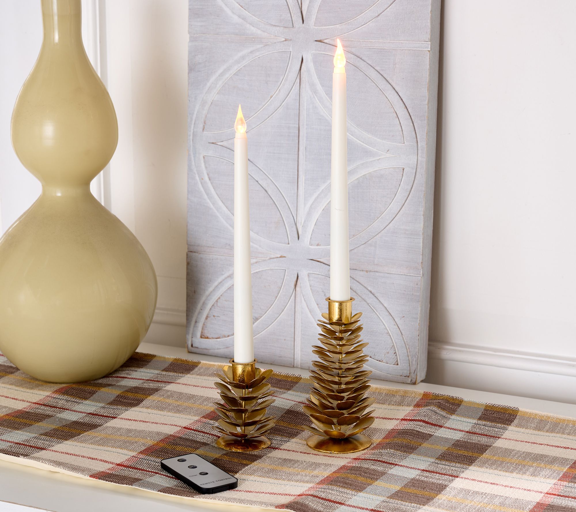 "As Is" Home Reflections S/2 Pinecone Taper Holders with Candles