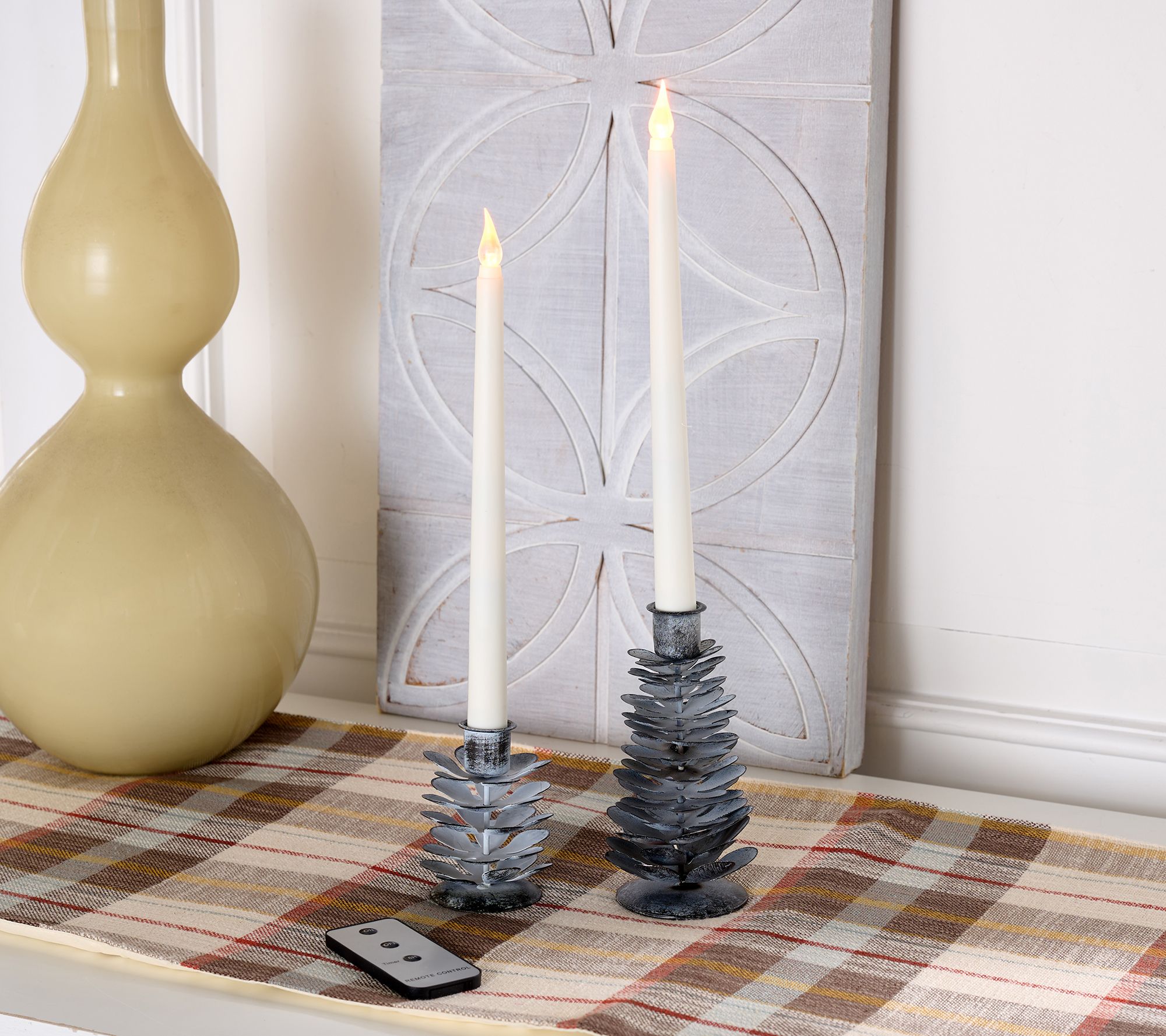 "As Is" Home Reflections S/2 Pinecone Taper Holders with Candles