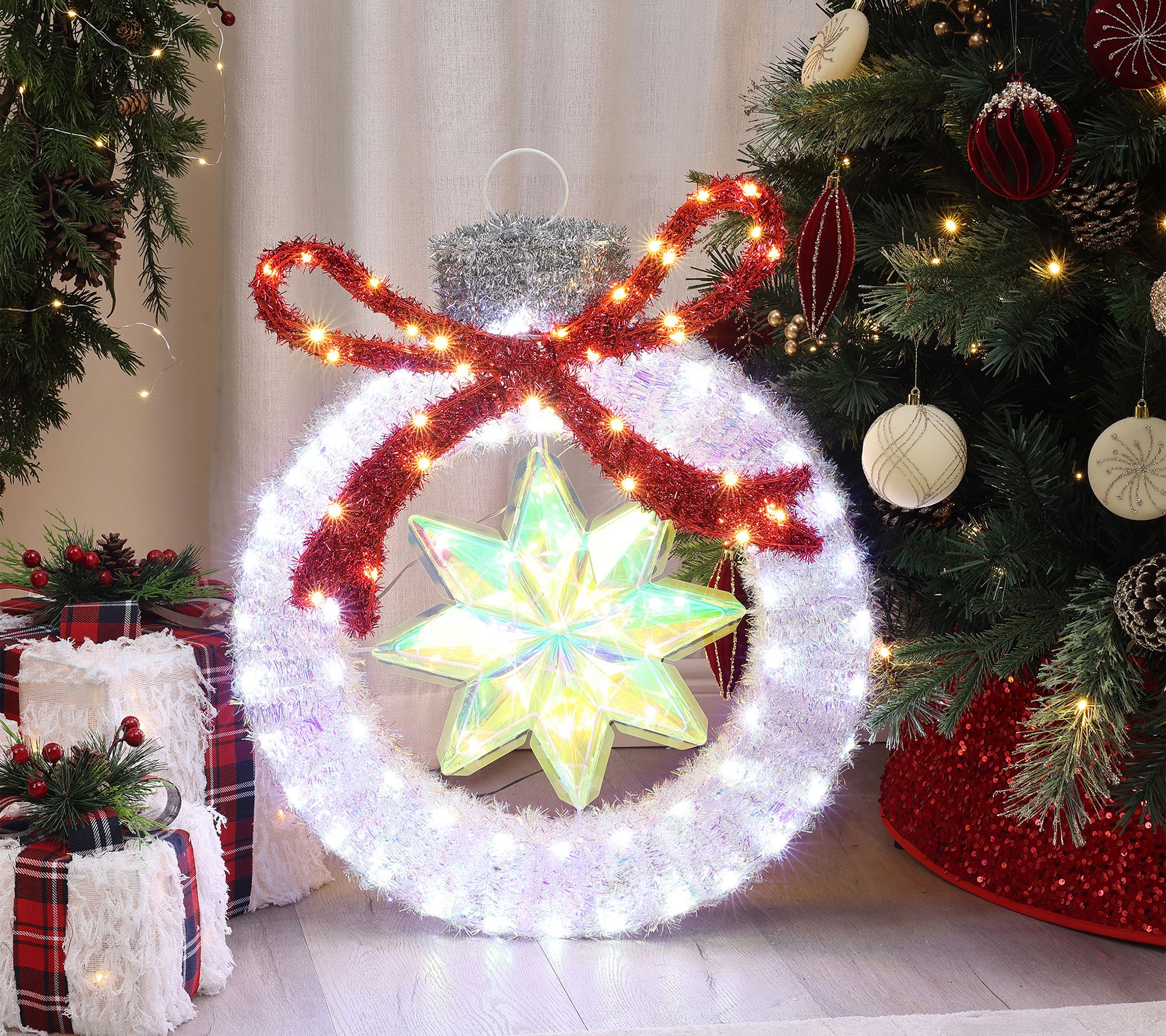 LuxenHome 2Ft Tall Lighted Tinsel Ornament w/ Star Decoration