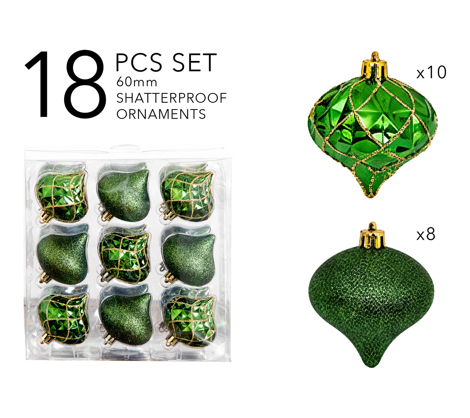 18-pc Green and Gold Teardrop Ornaments by Nearly Natural