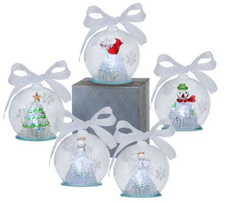 Set Of 5 Illuminating Color Changing Glass Ornaments With Gift
