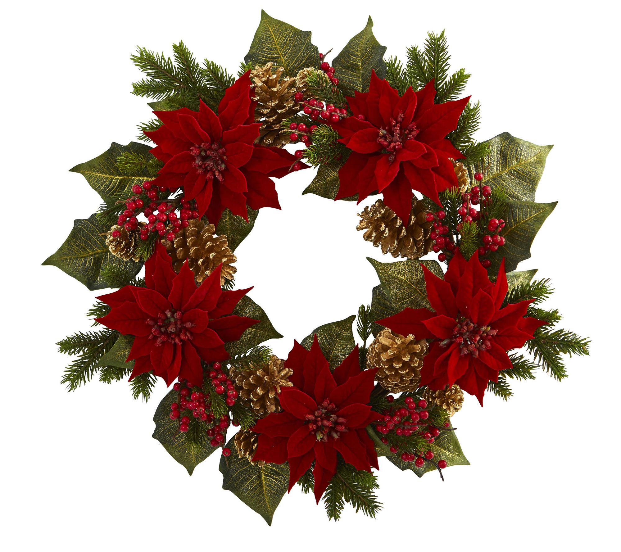 24" Poinsettia, Berry and Pinecone Wreath by Nearly Natural