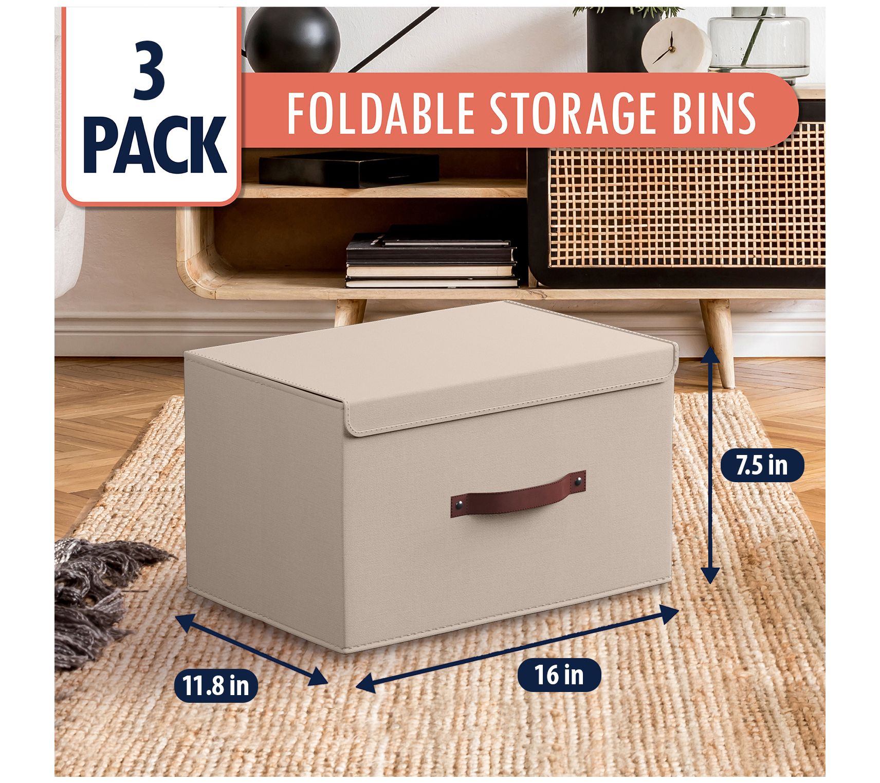 Ornavo Home 3 PK Linen Storage Bins with Leather Handles