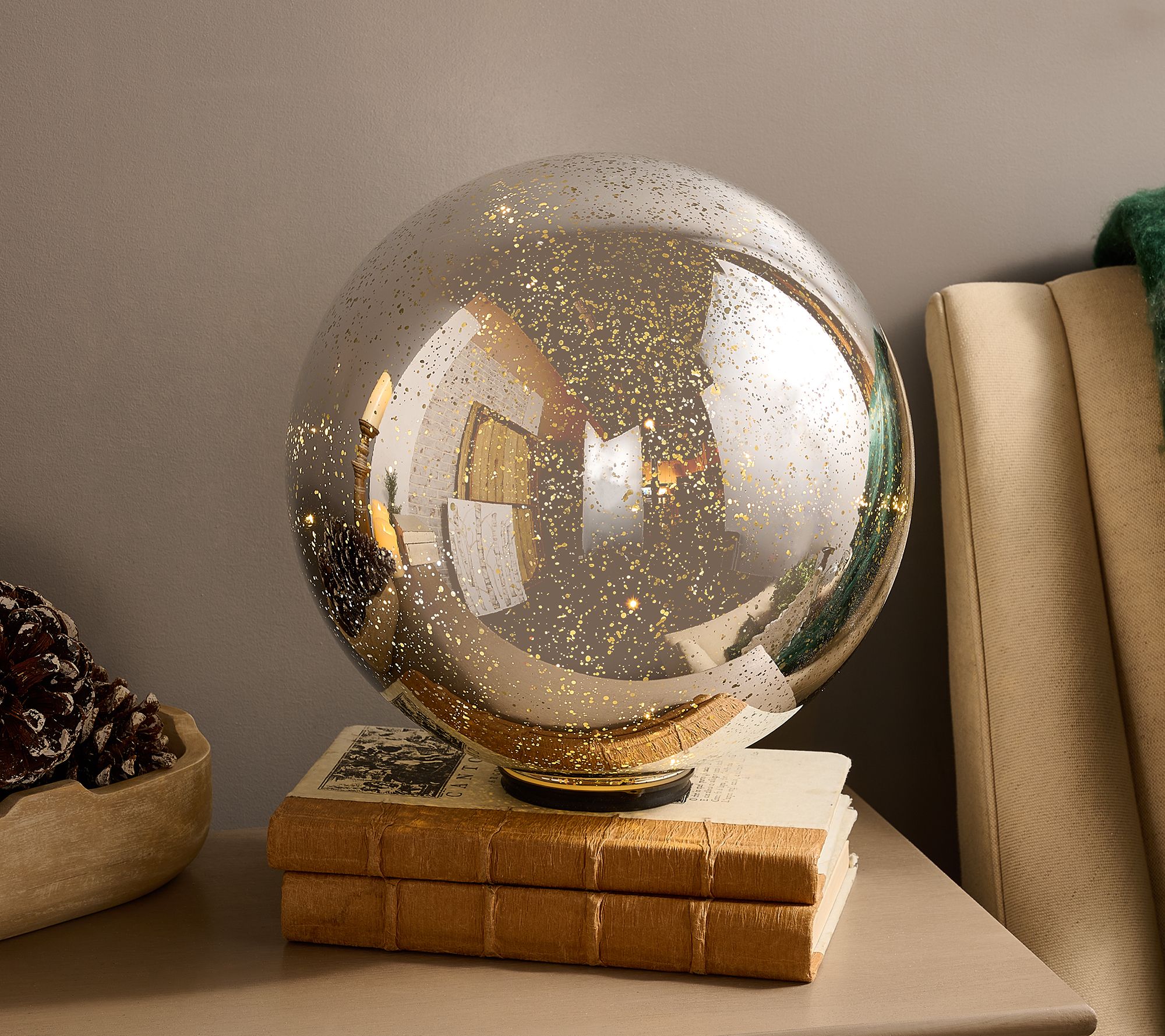 11" Illuminated Mercury Glass Sphere with Ornament Topper by Valerie