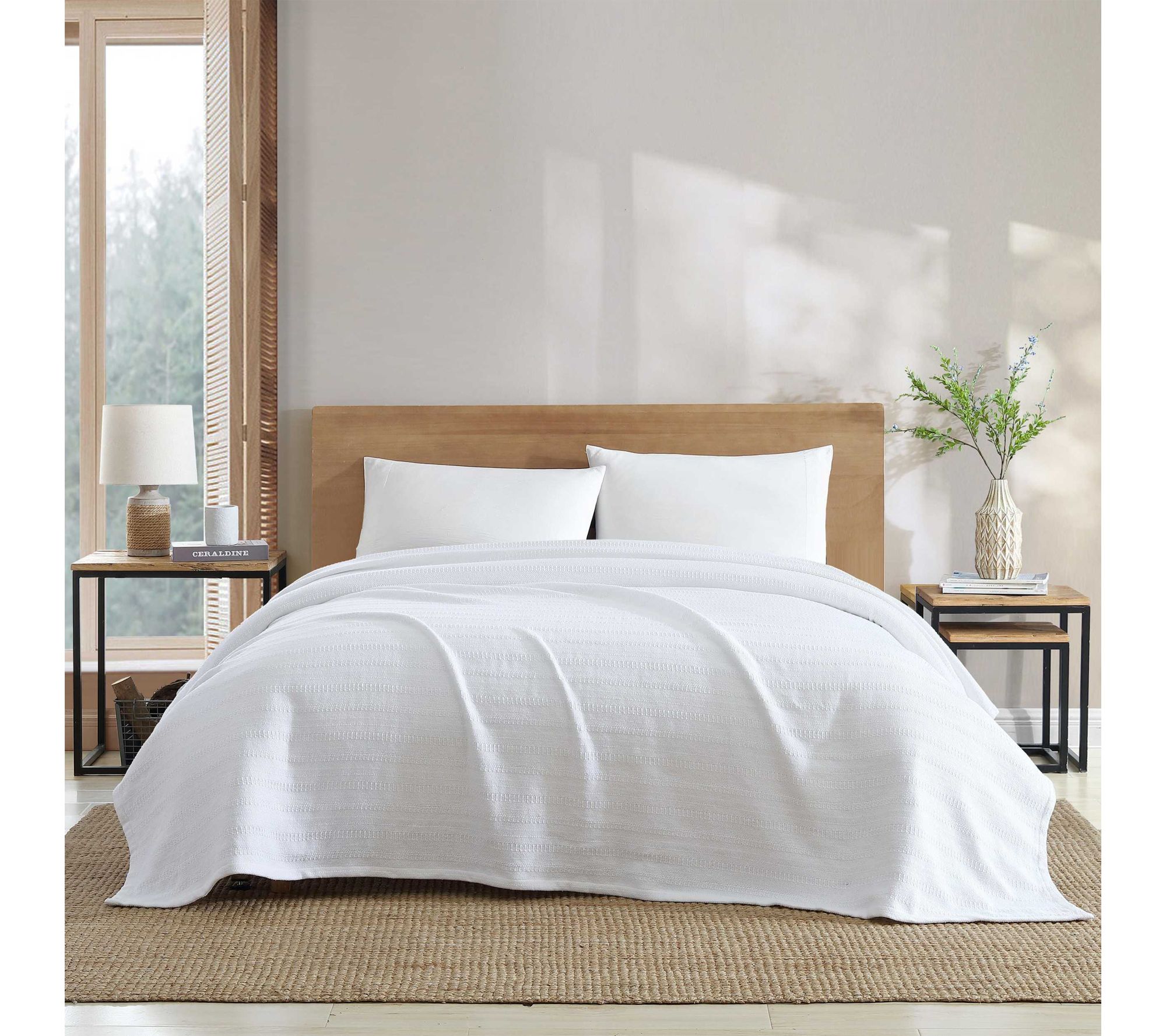 Eddie Bauer Woven Stripe White Cotton Full/Queen Blanket