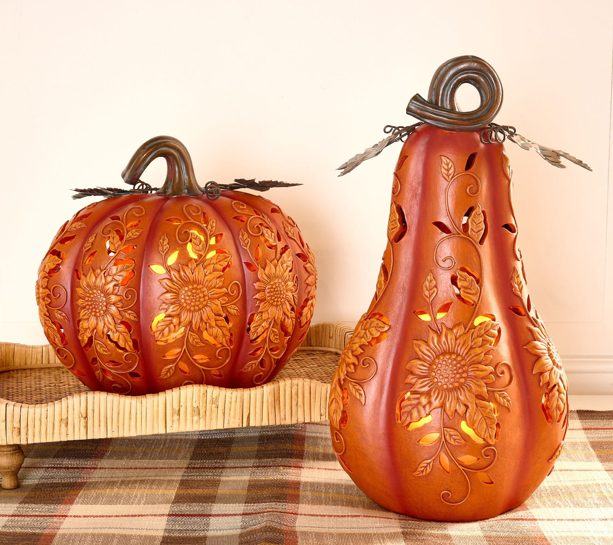 "As Is" Set/2 Indoor/Outdoor Lit Pumpkin and Gourd by Valerie