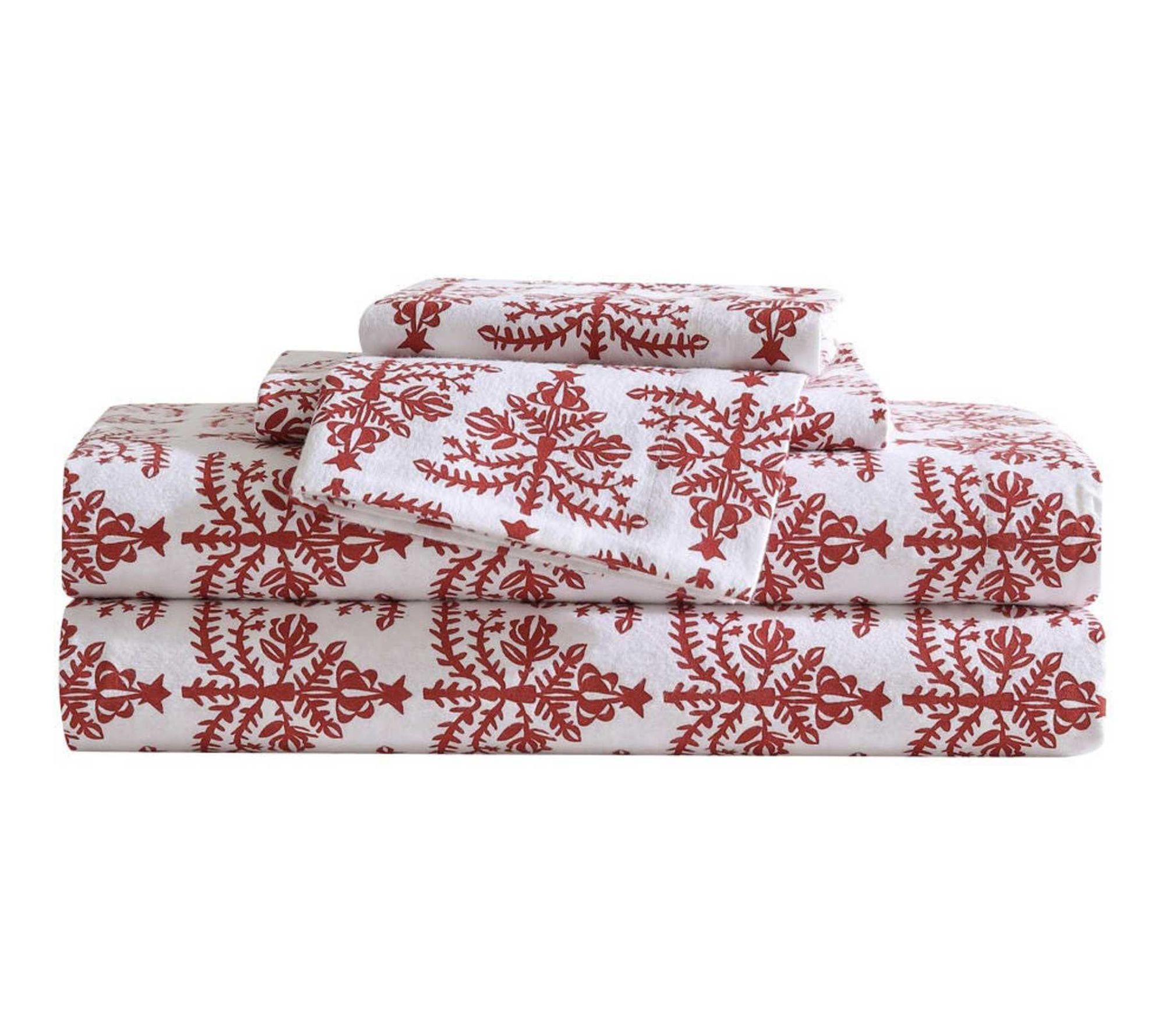 Eddie Bauer Jolly Trees Red Cotton Flannel Queen Sheet Set