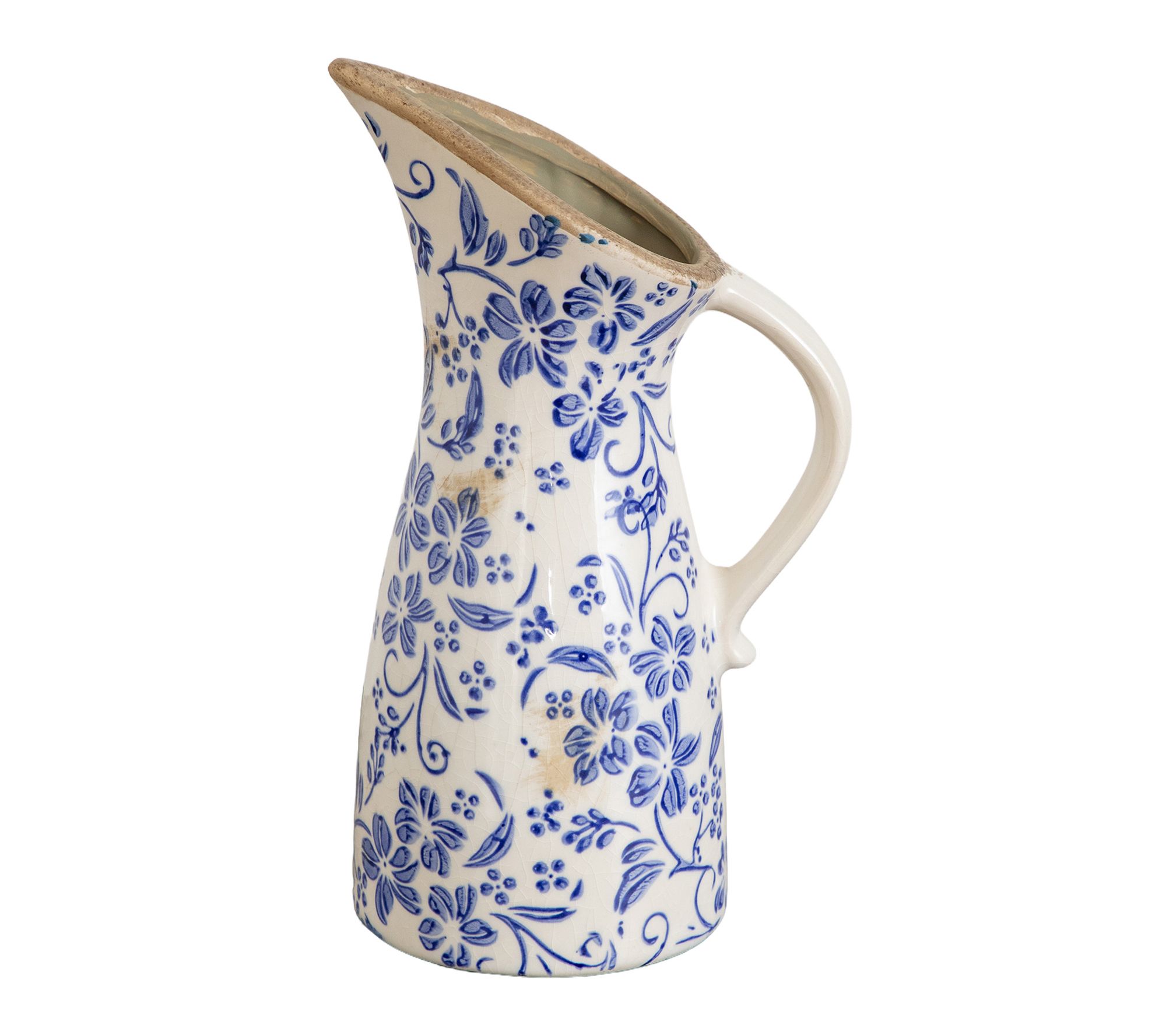 10-in Tuscan Ceramic Blue Scroll Pitcher Vase by Nearly Natural