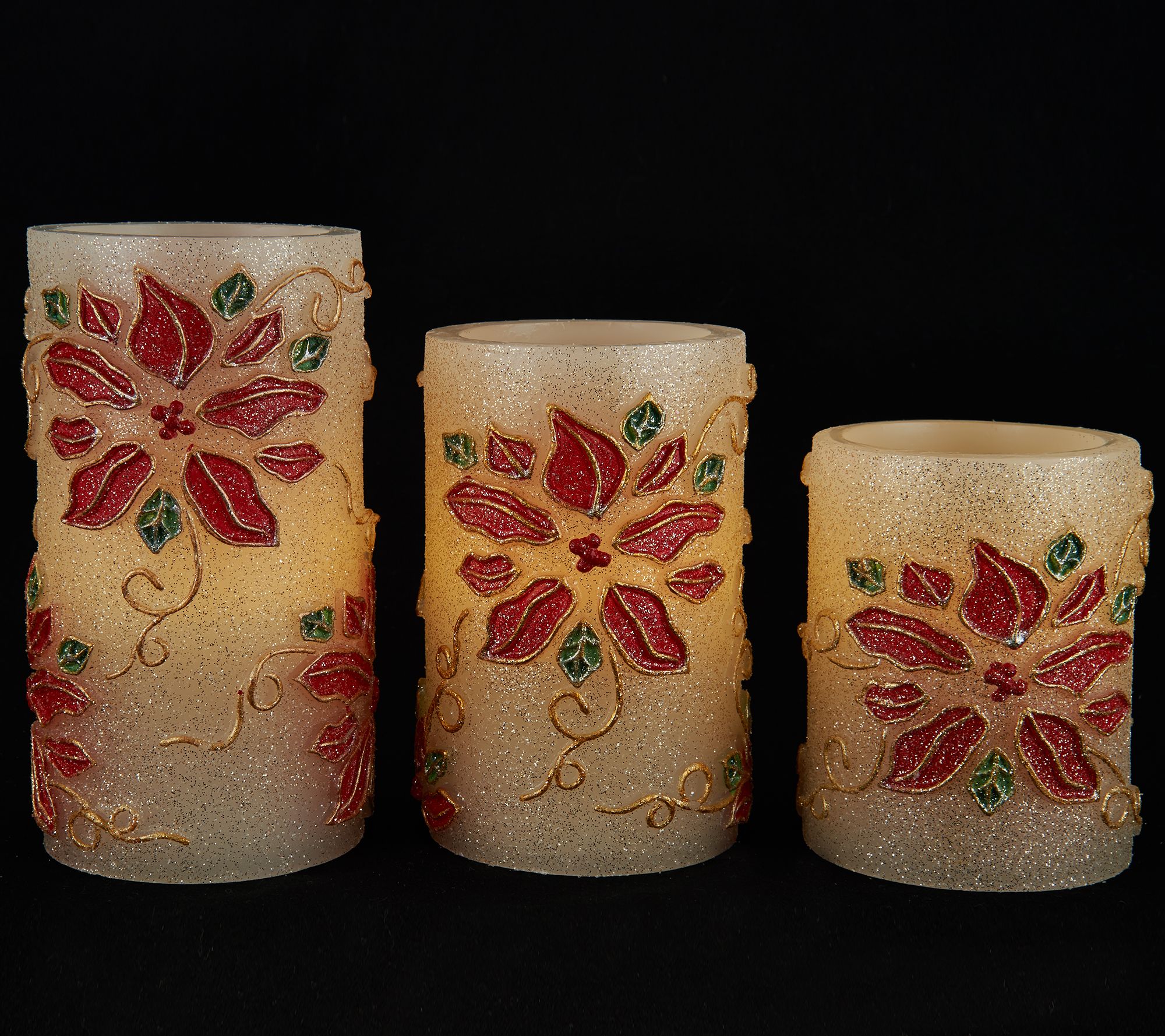 S/3 Poinsettia Embossed Flameless Candles by Valerie
