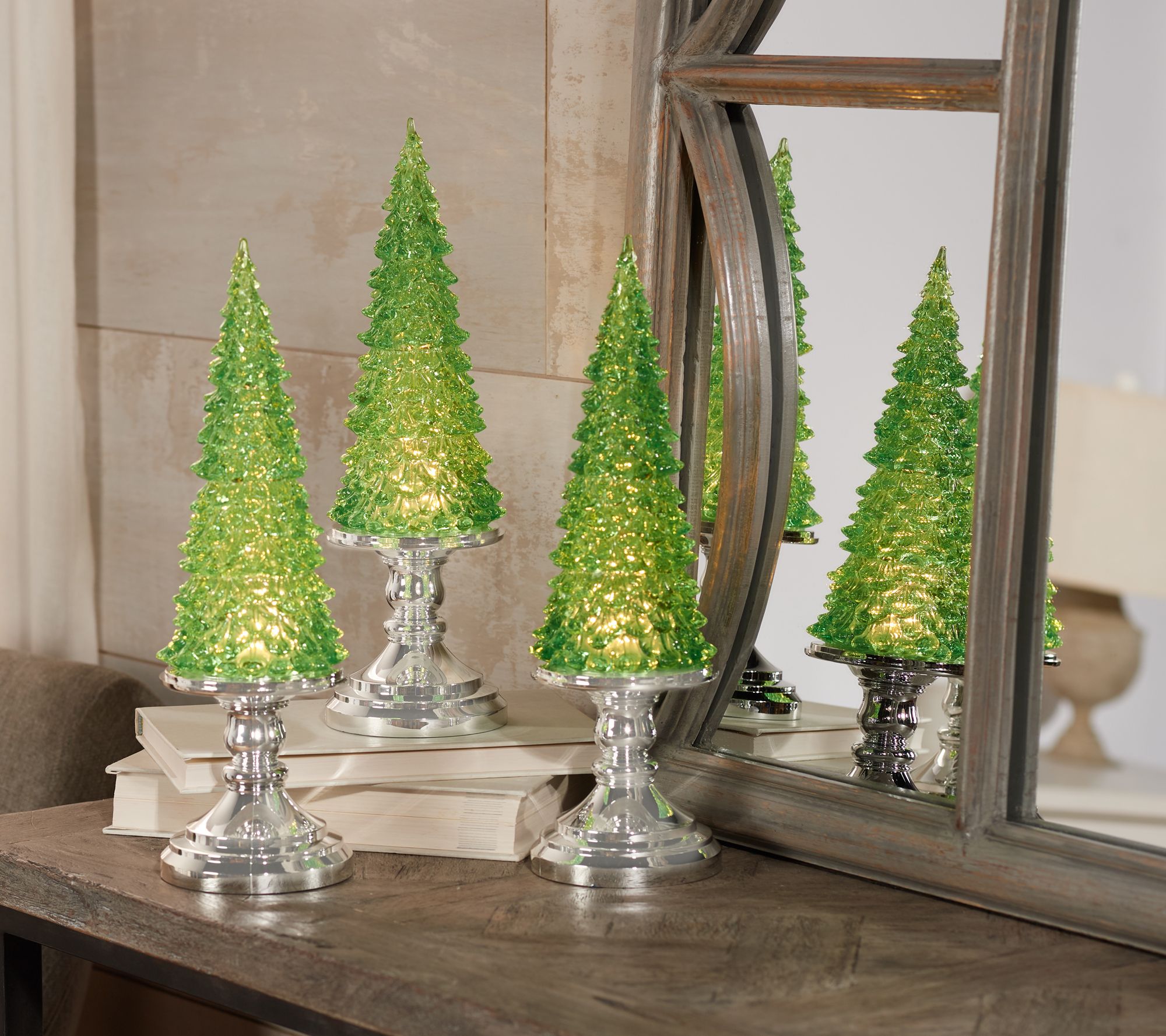 Set Of 3 Lit Glistening Trees With Silver Base By Valerie