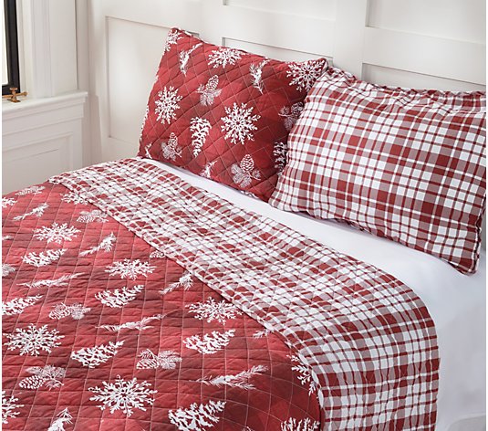 Full  Holiday Plaid Reversible Cotton Quilt Set Red Green White Max Studio Queen