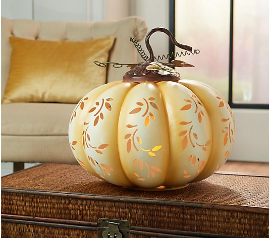 15" Illuminated Metal Pumpkin with Flickering Flame by Valerie