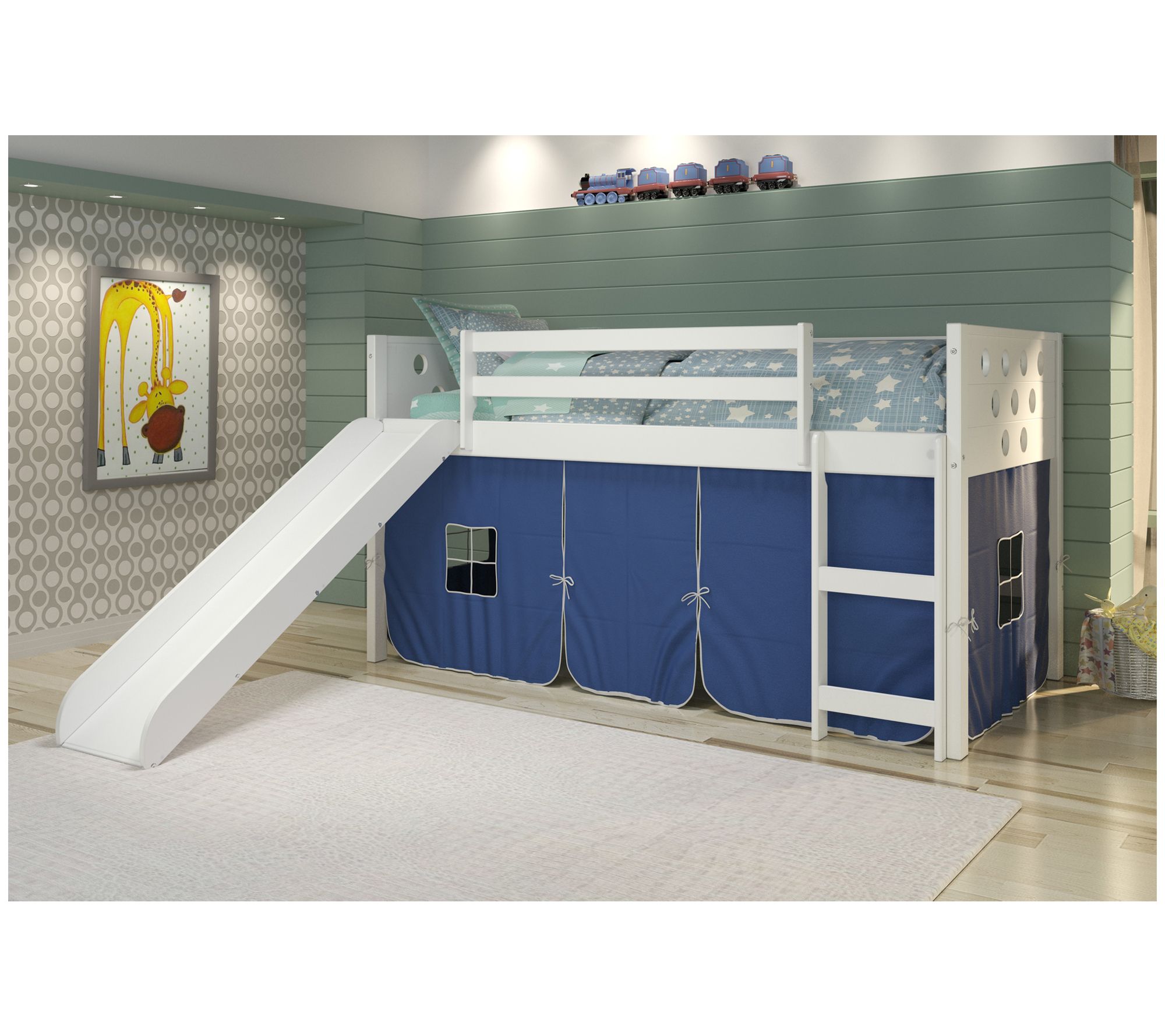 Donco Kids Twin Circles White LowLoft Bed w/Slide & Solid Tent