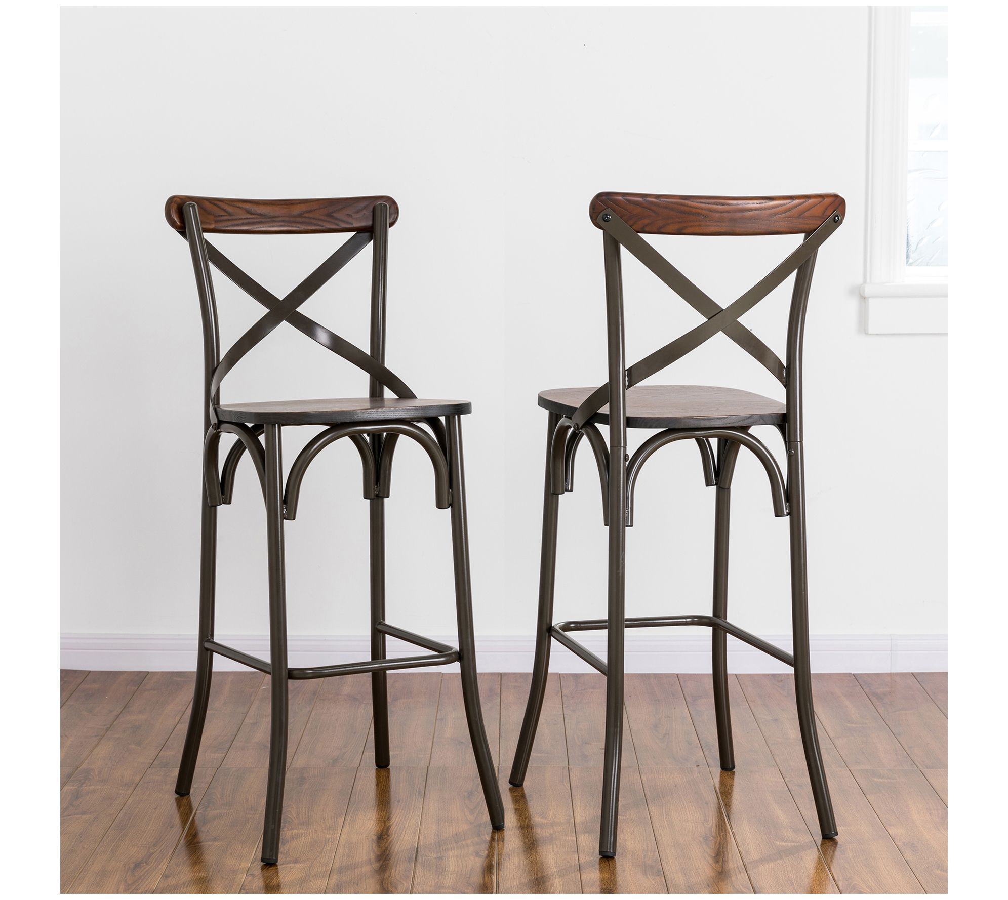 Glitzhome Rustic Steel Bar Stool Pair with Elmwood Seat S/2
