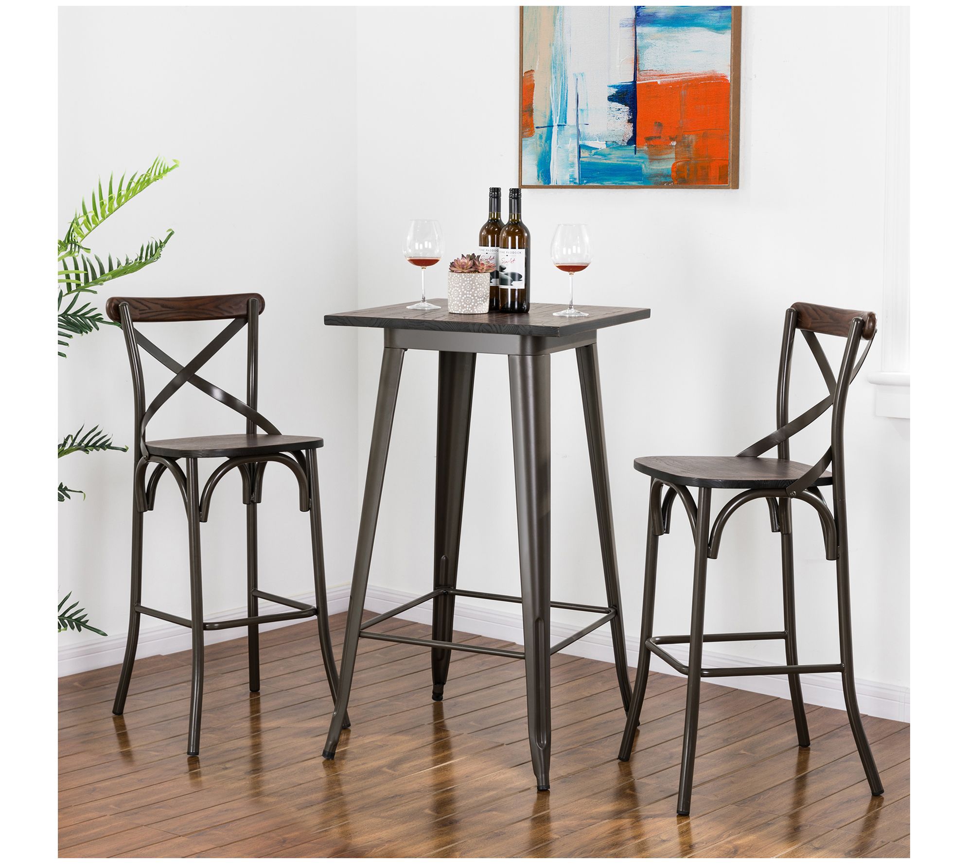 Glitzhome Rustic Steel Bar Stool Pair with Elmwood Seat S/2