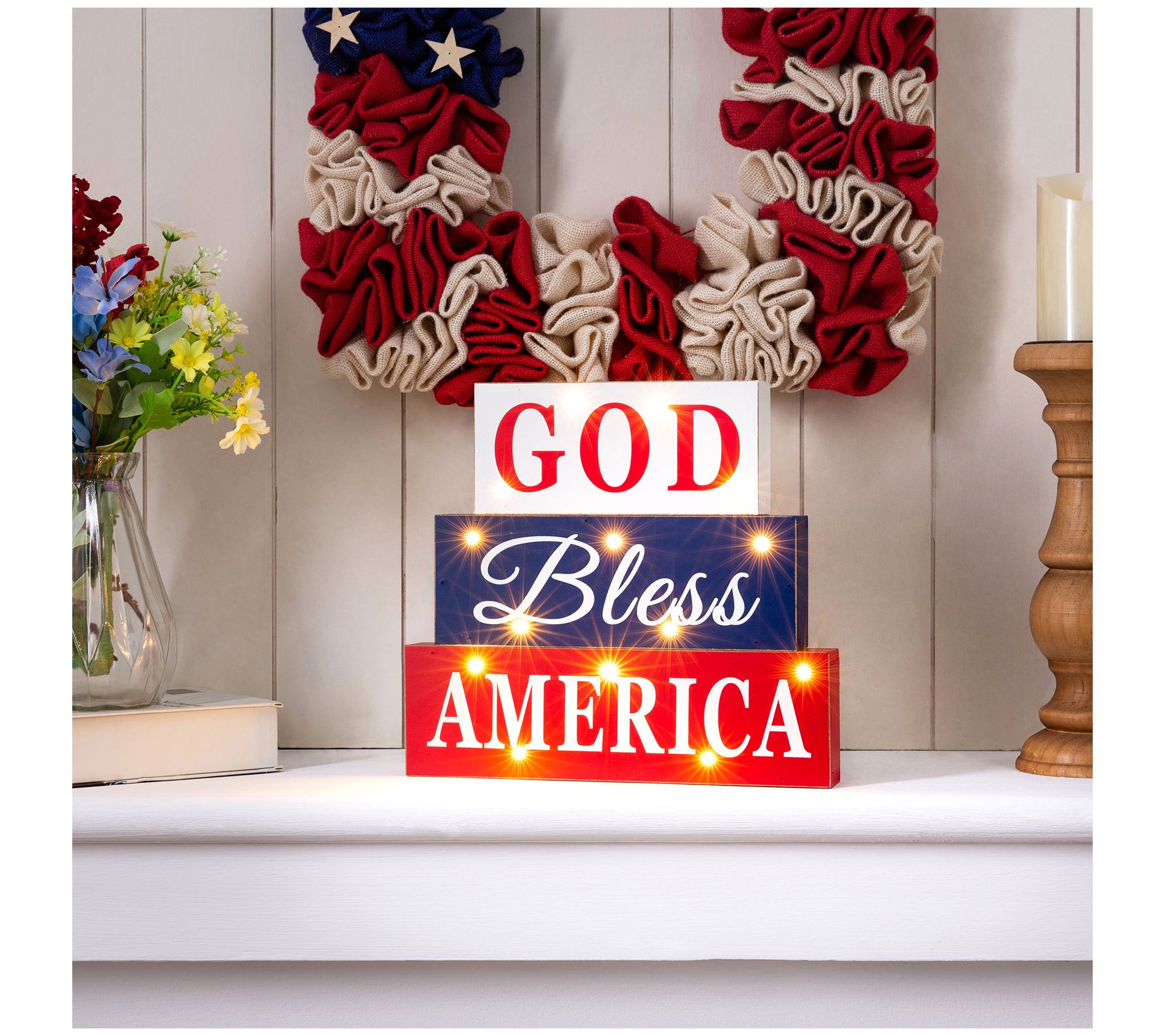 Glitzhome God Bless America Patriotic Table Top Display W Led