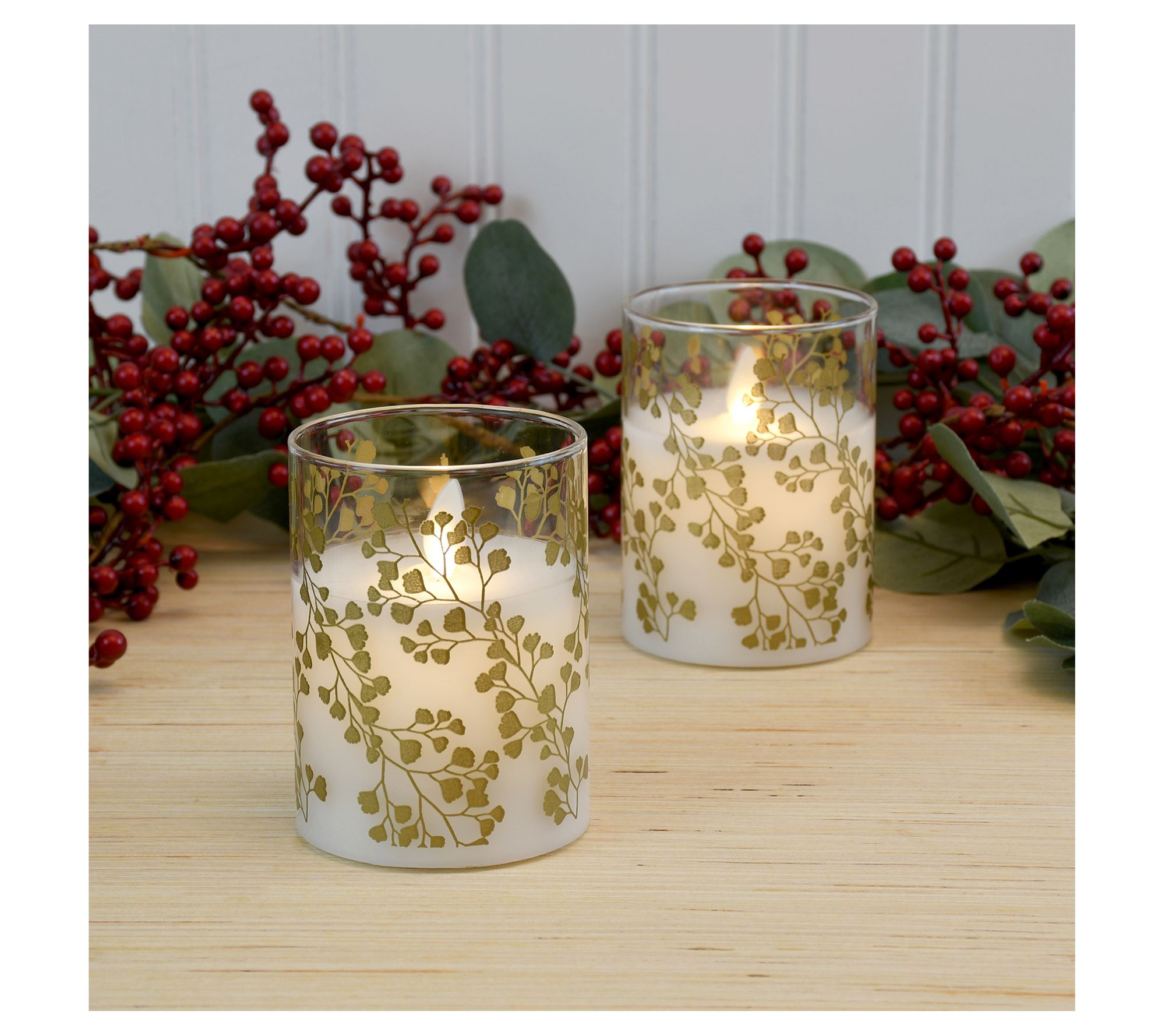LumaBase LED Glass Candles with Moving Flame, Gold Fern