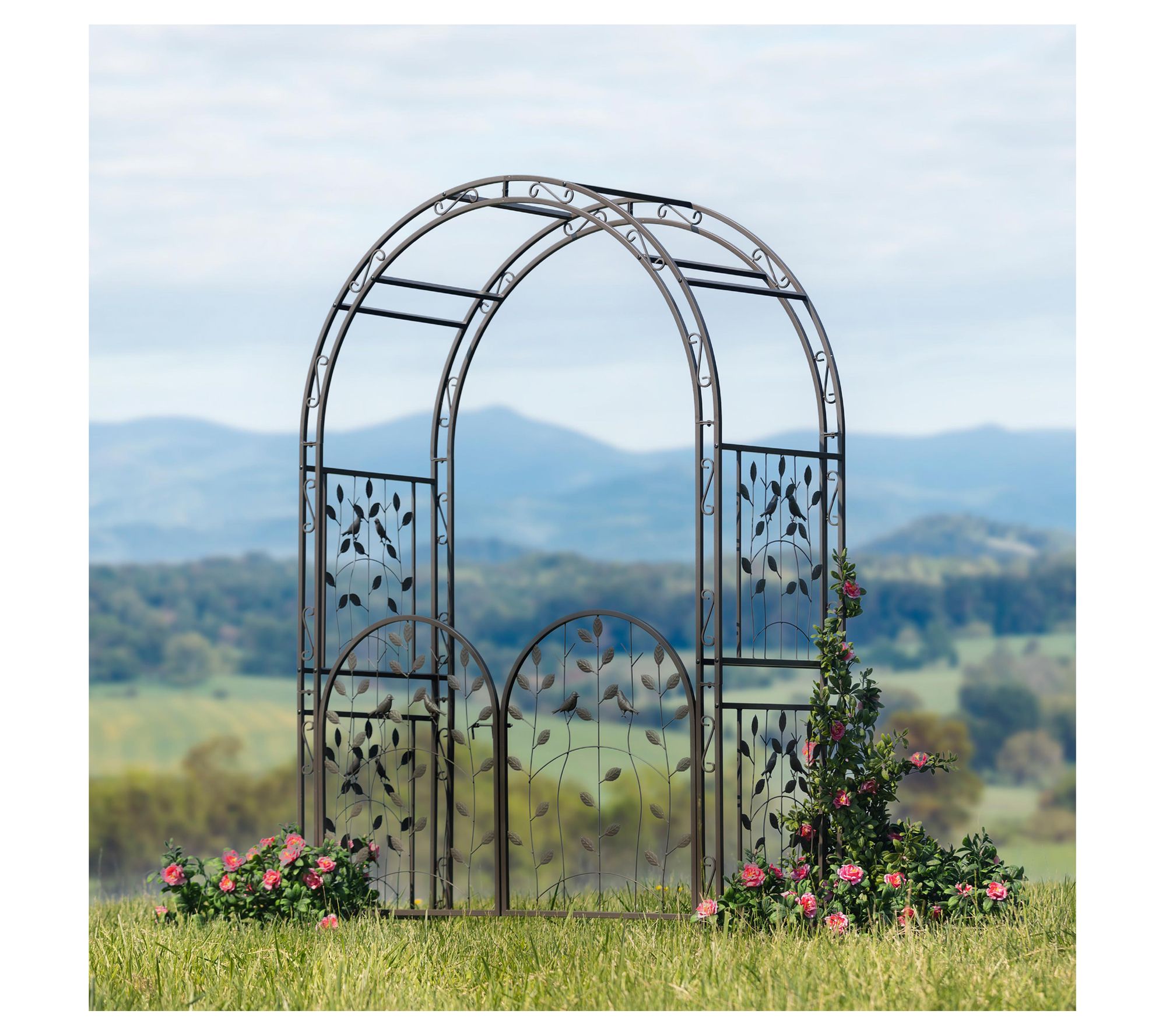 Evergreen Leaves & Birds Arbor with Gate