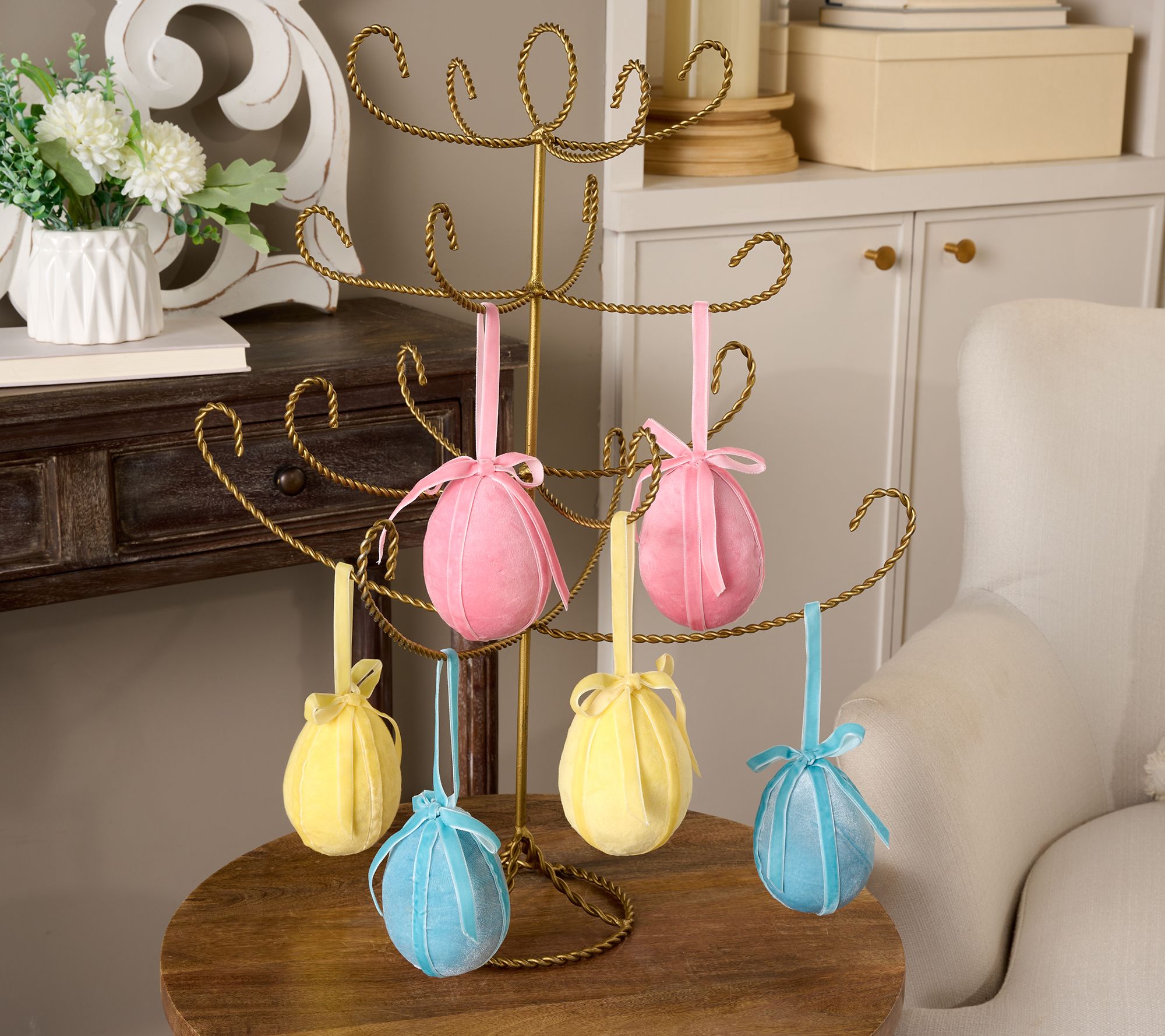 "As Is" Set of 6 Velvet Eggs with Ribbon by Valerie