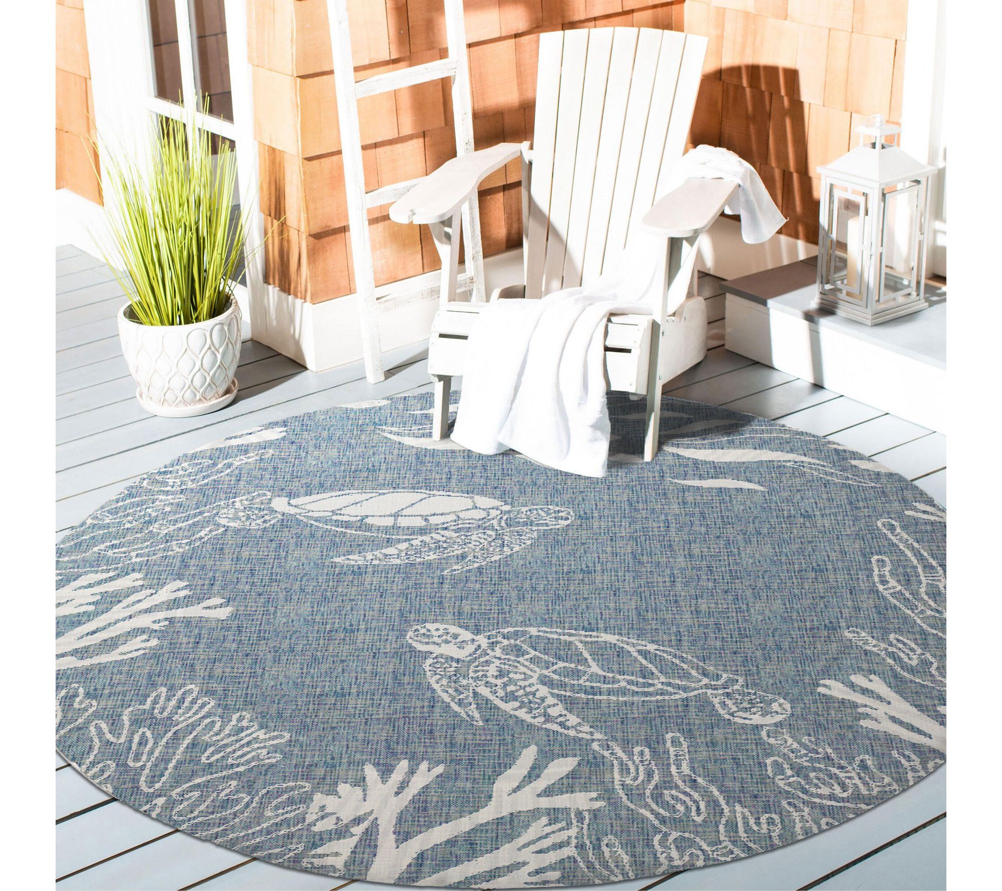Ox Bay Sea Turtle Nautical Outdoor Rug, Aqua/White, 5'3