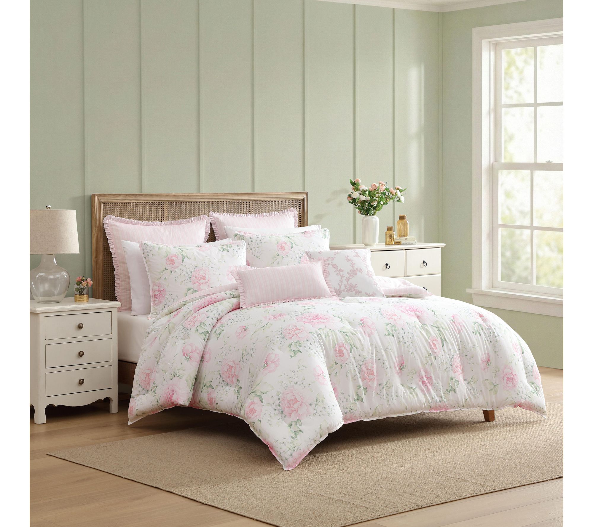 Laura Ashley Serenity Roses Pink/Green 7Pc King Comforter Set