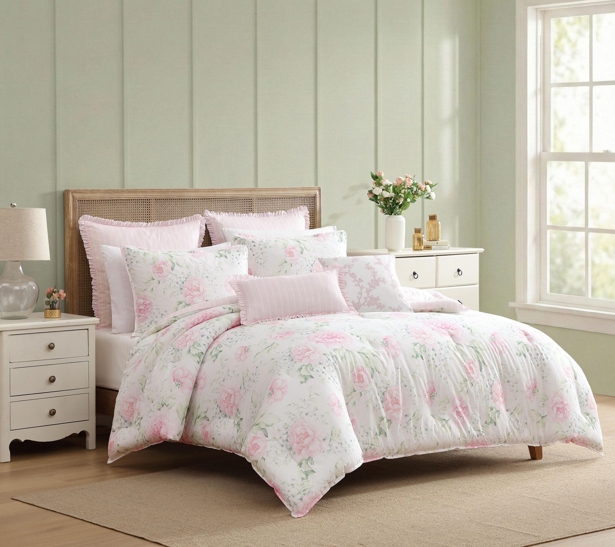 Laura Ashley Serenity Roses Pink/Green 7Pc KingComforter Set