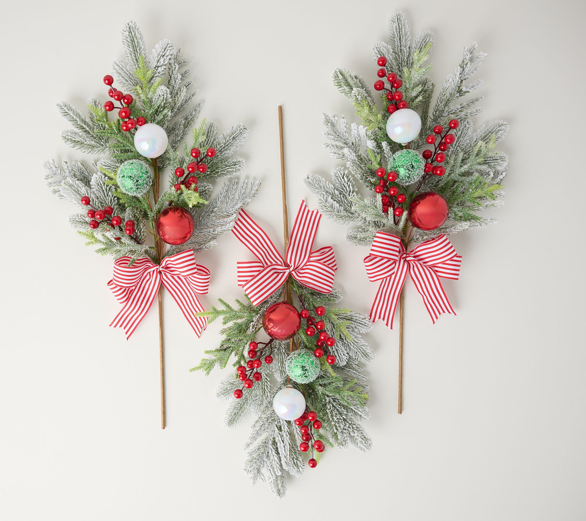 S/3 Ornament, Frosted Pine and Ribbon Picks by Valerie