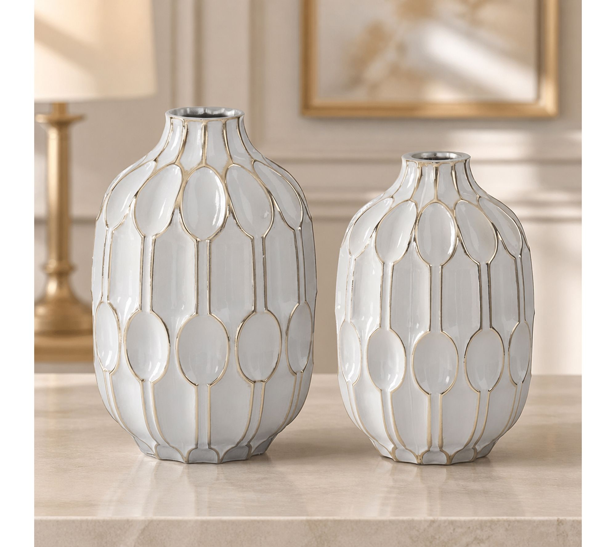 RC Home Decor -Set of 2 White Glass & Gold Oval Embossed Vases