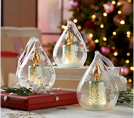 Set of 3 Lit Mercury Glass Candles in Drop Ornaments by Valerie