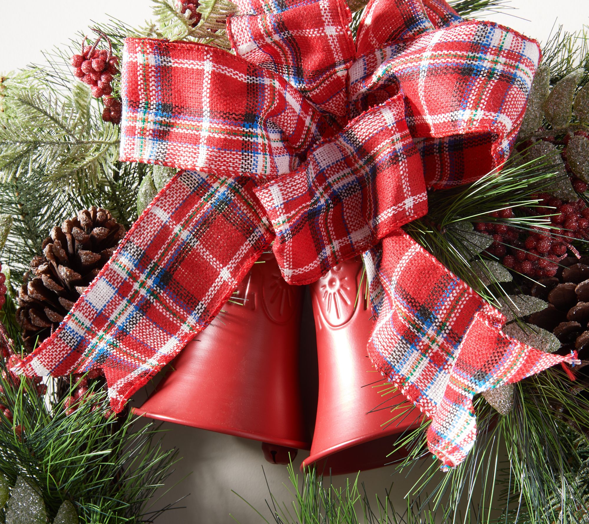 BIG RED BELLS W Black N Red Checked Bow Christmas Wreath