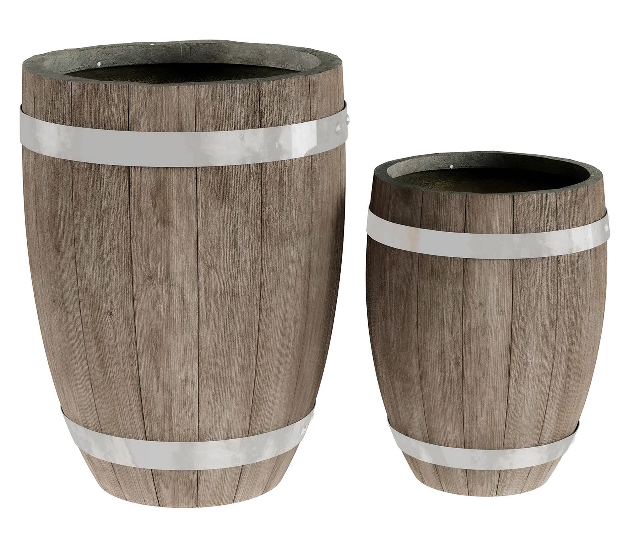 Fiber Clay Planters - 2-piece Barrel-shaped Pot Set With Metal