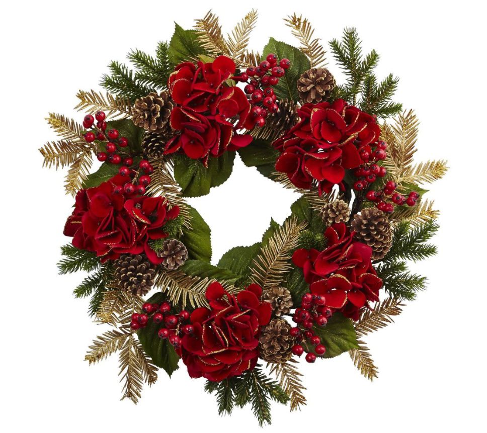 Nearly Natural 24-in Hydrangea Pine Wreath