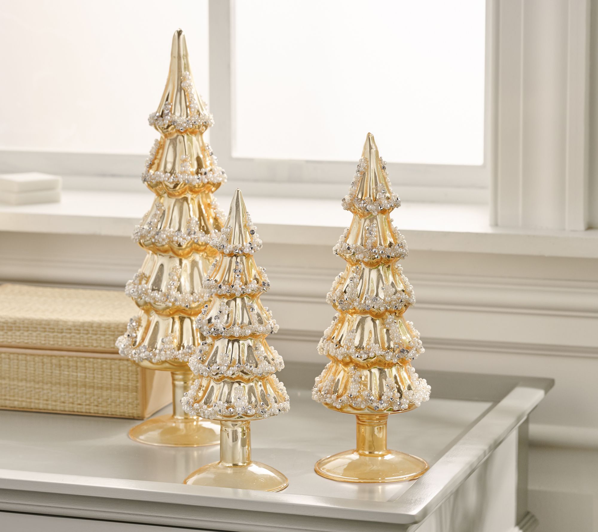 "As Is" Set of 3 Satin Glass Trees with Embellishments by Valerie
