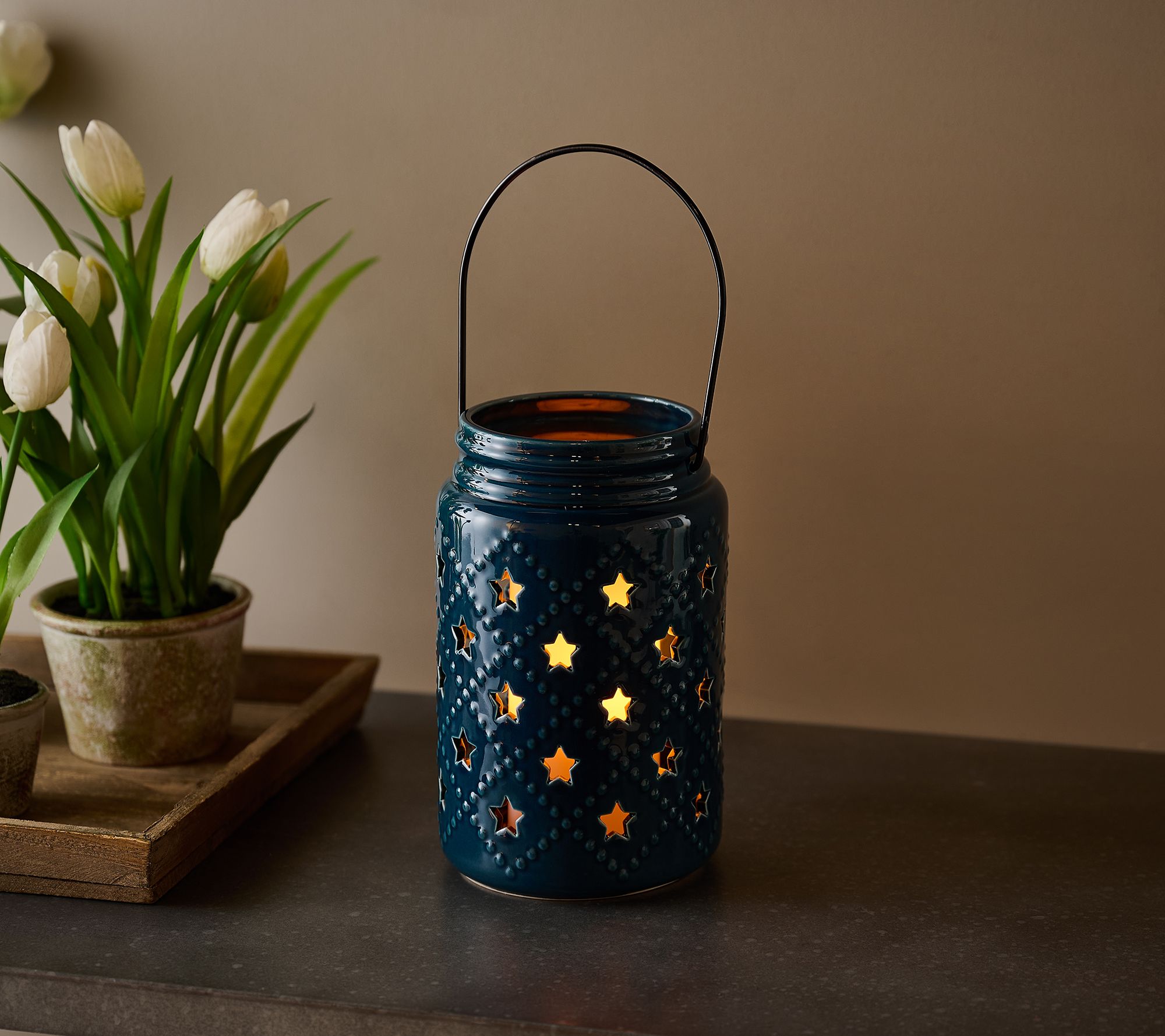 9" Ceramic Quilted Star Flickering Flame Lantern by Valerie