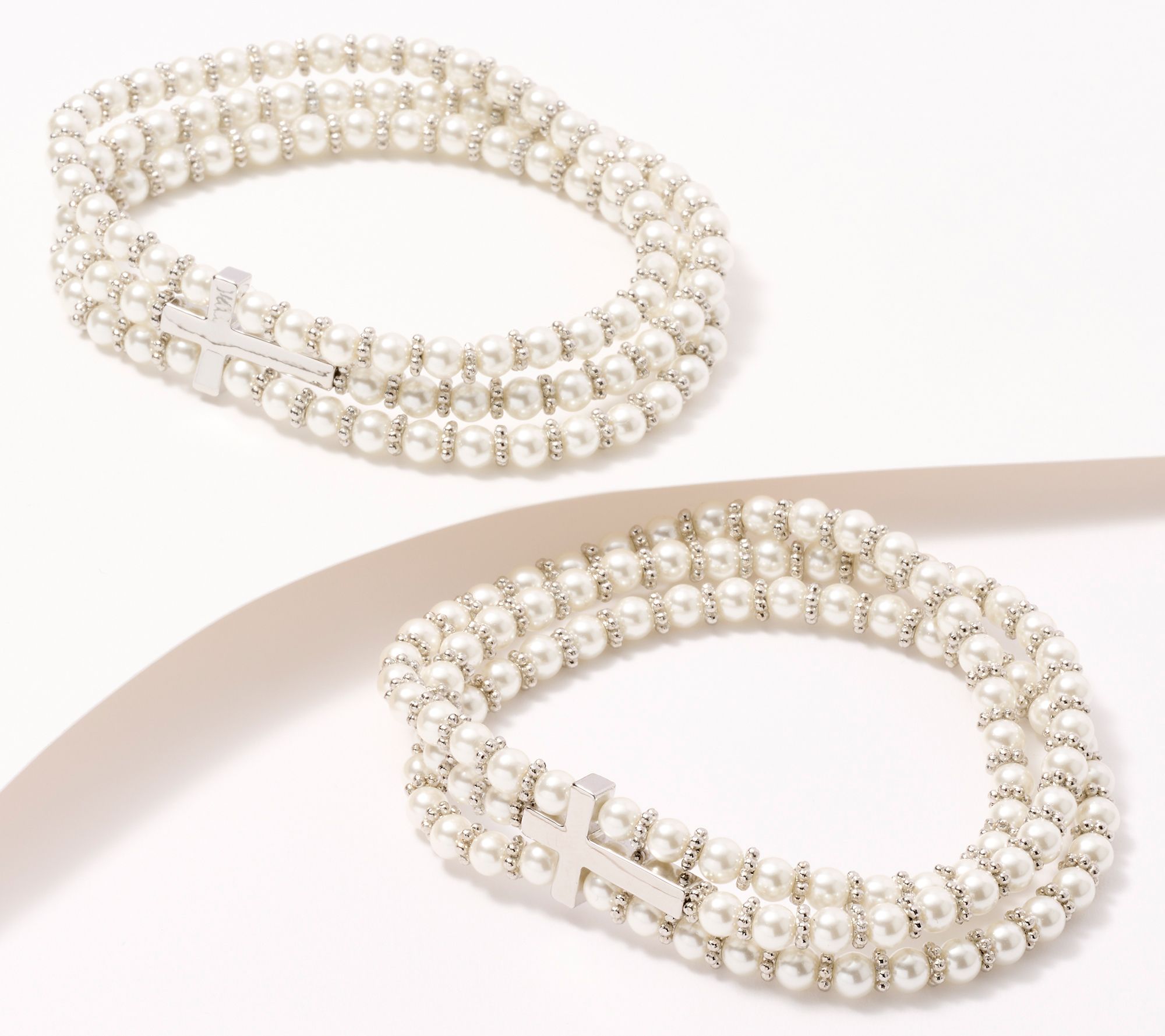 "As Is" Faithful Heart S/2 Faux Pearl Bracelet with Cross - Valerie