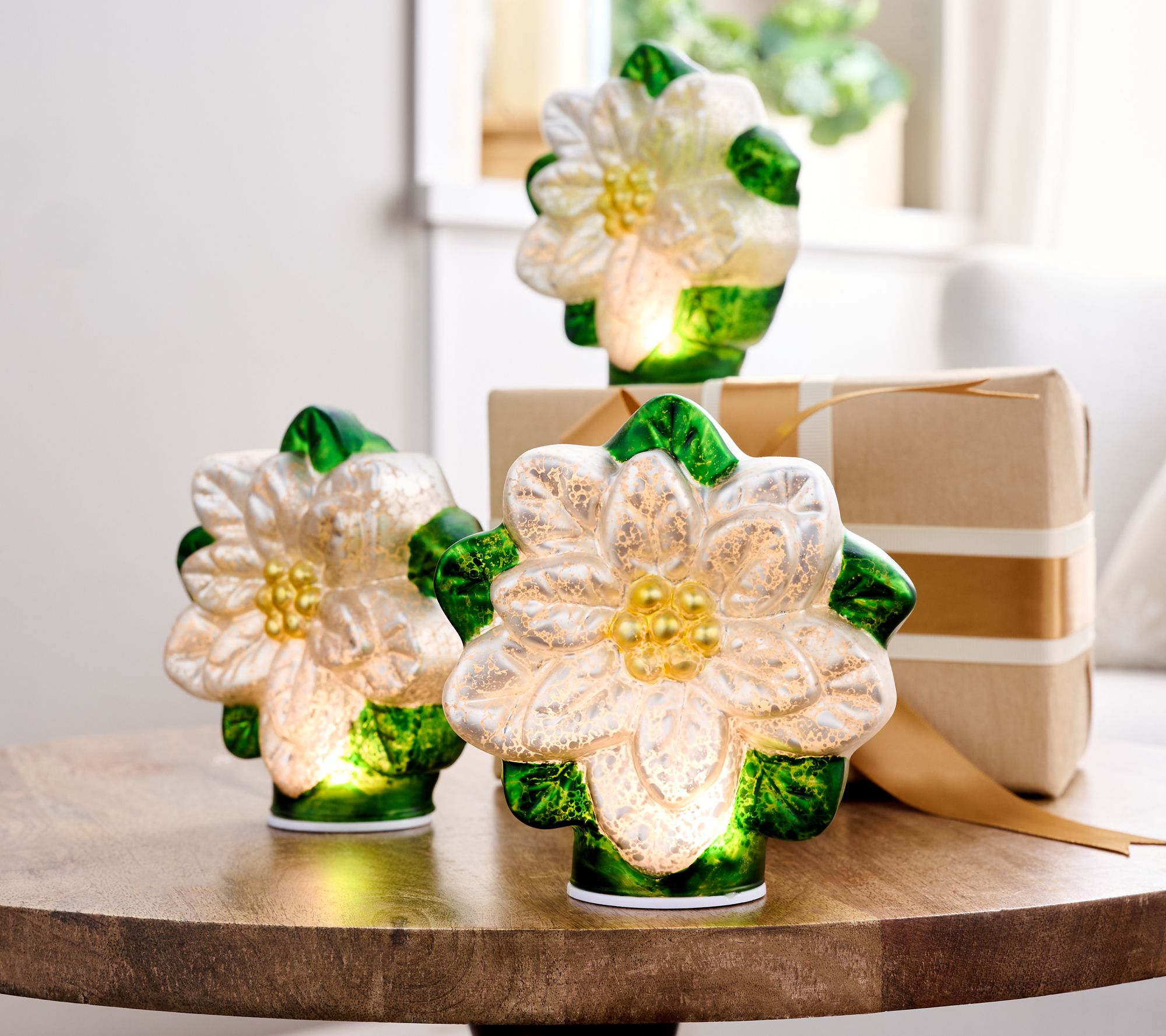Set of 3 Illuminated Mercury Glass Poinsettias by Valerie